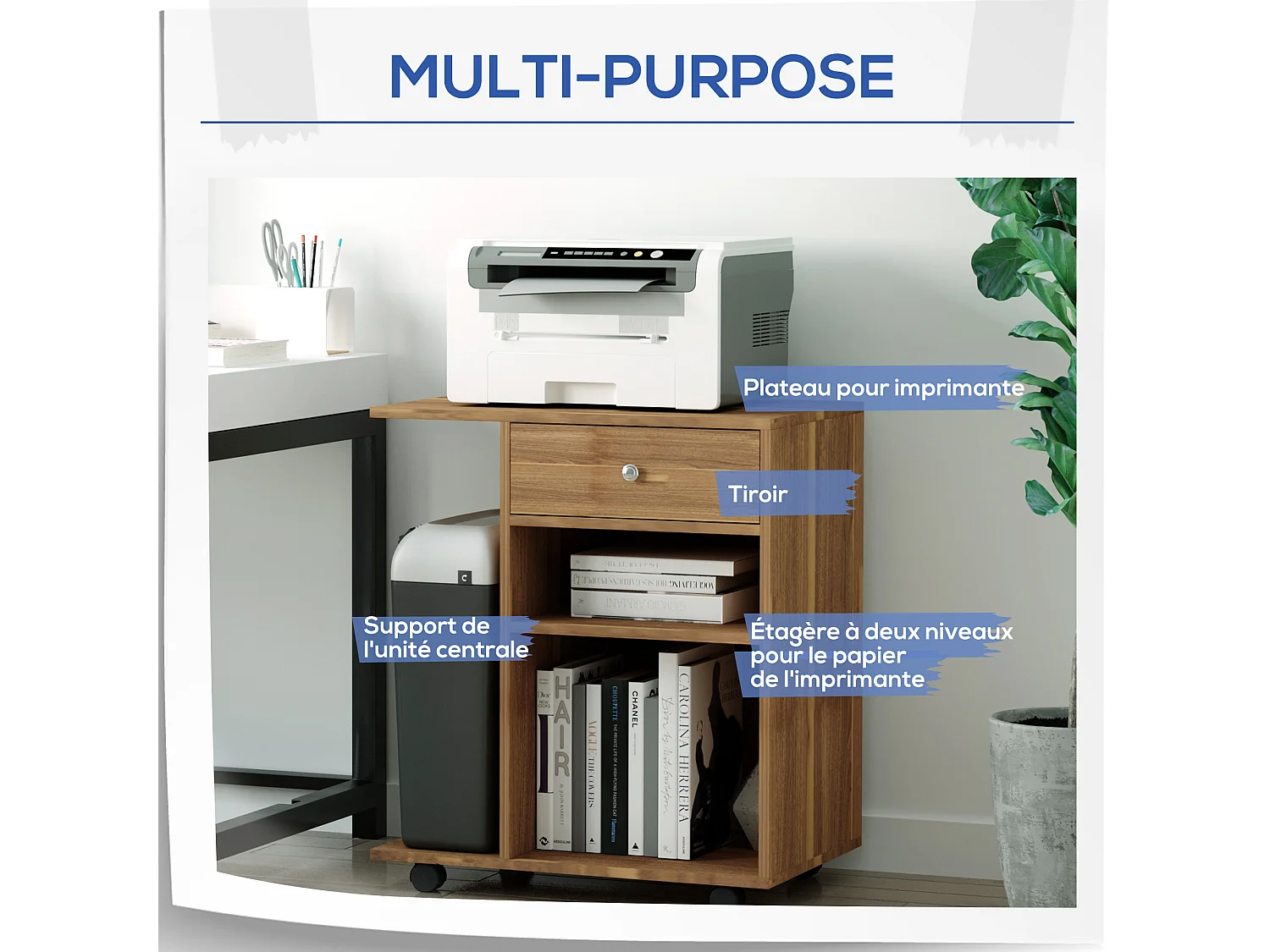 Support d'imprimante organiseur bureau caisson 2 niches tiroir espace CPU + grand plateau panneaux particules noyer