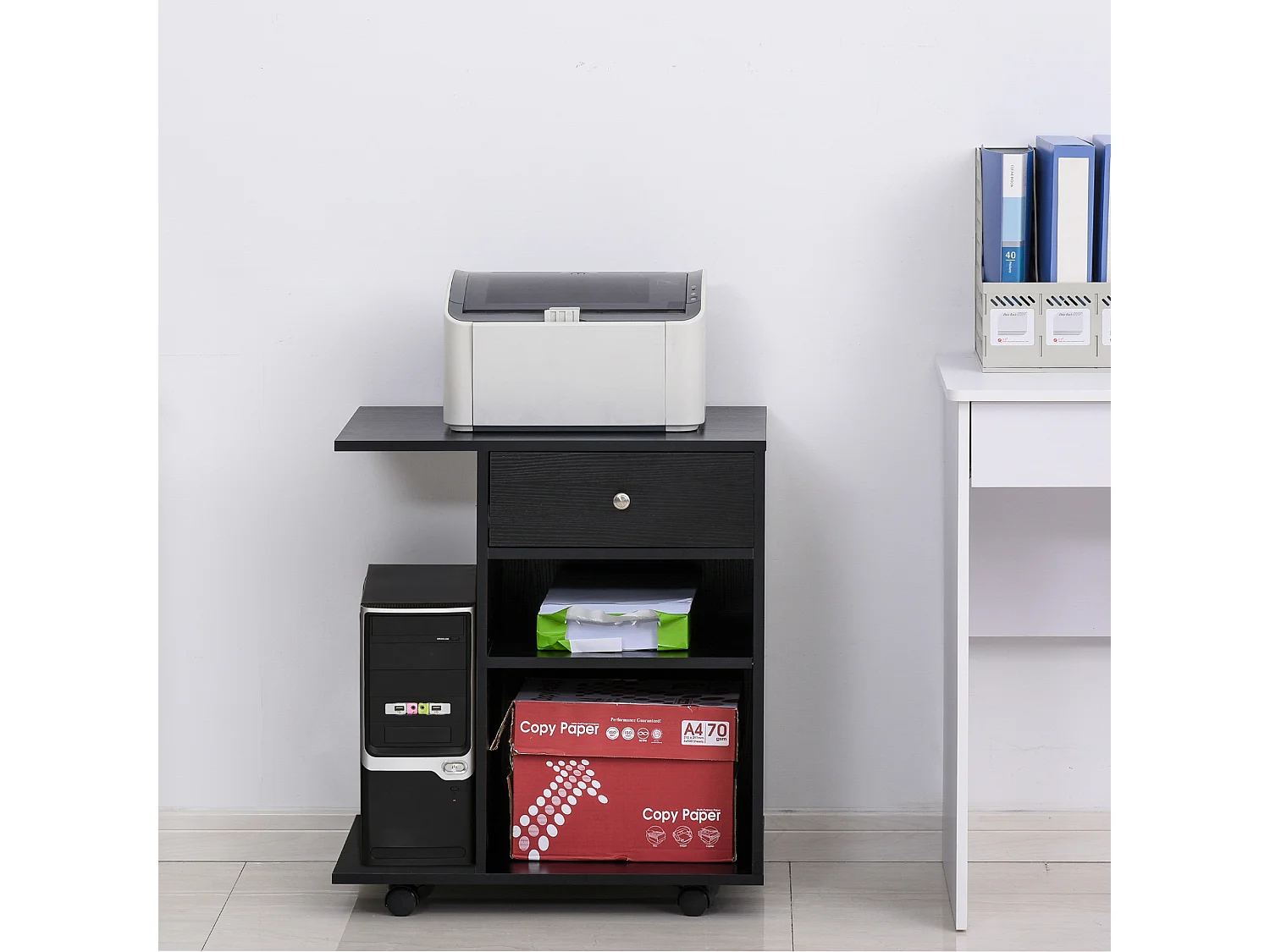 Support d'imprimante organiseur bureau caisson 2 niches tiroir espace CPU + grand plateau panneaux particules noir