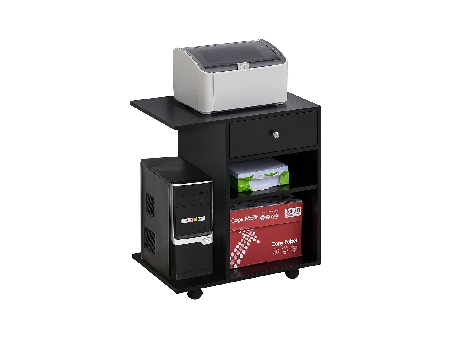 Support d'imprimante organiseur bureau caisson 2 niches tiroir espace CPU + grand plateau panneaux particules noir