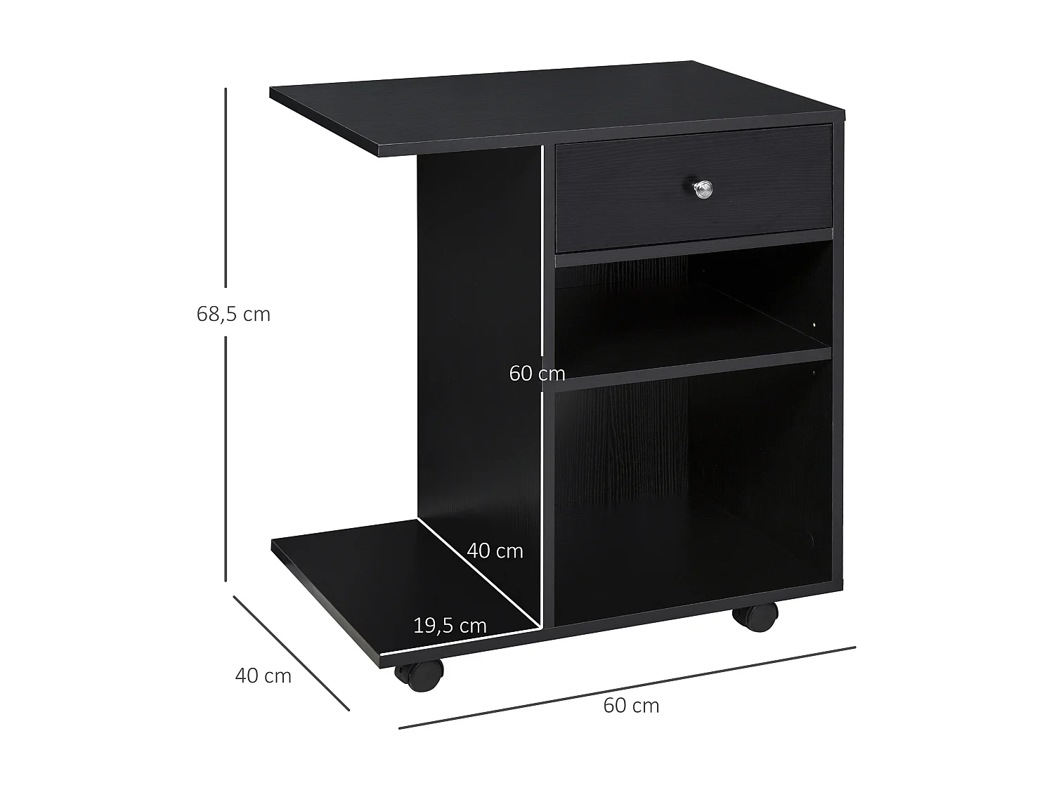 Support d'imprimante organiseur bureau caisson 2 niches tiroir espace CPU + grand plateau panneaux particules noir