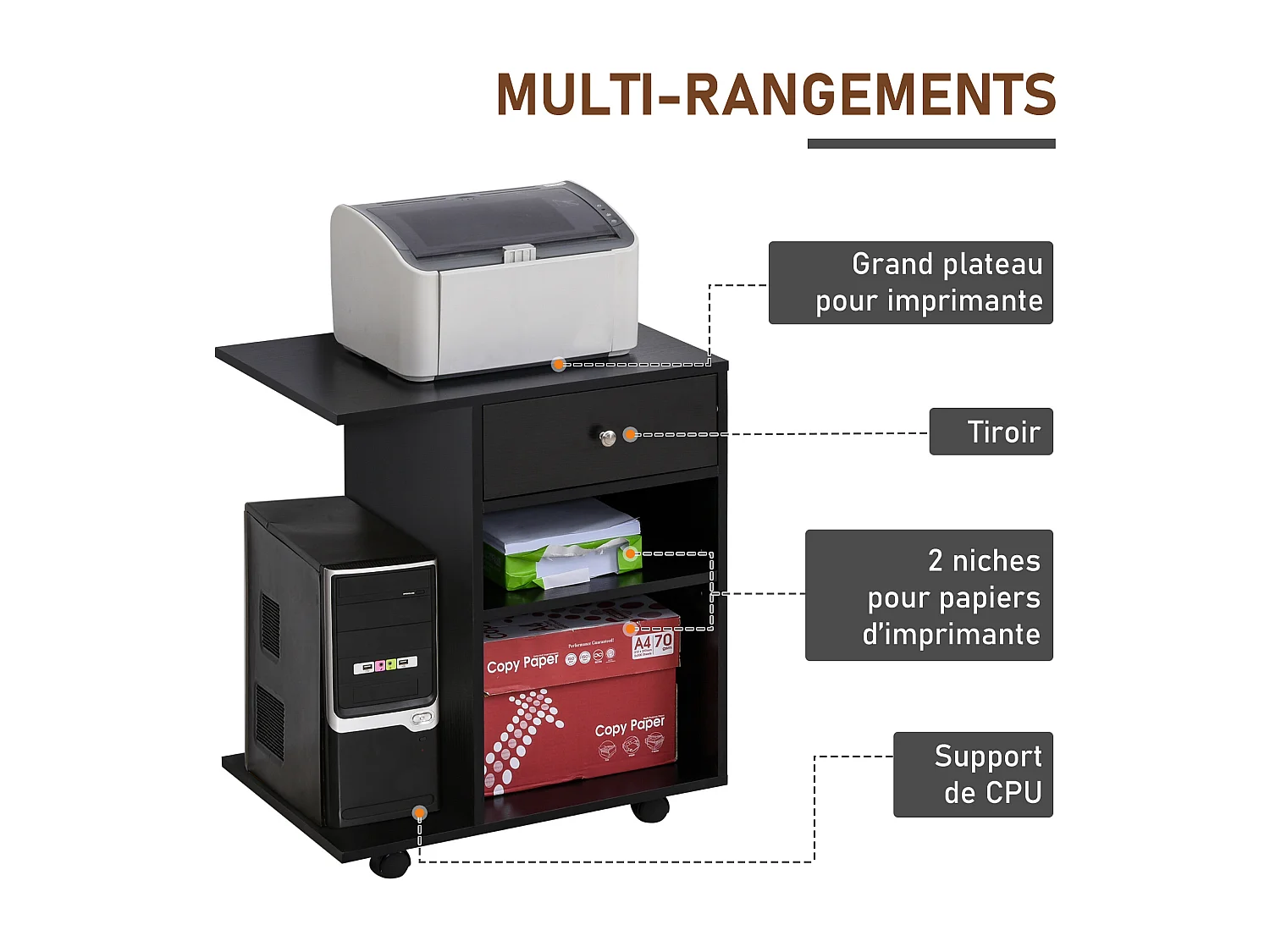 Support d'imprimante organiseur bureau caisson 2 niches tiroir espace CPU + grand plateau panneaux particules noir