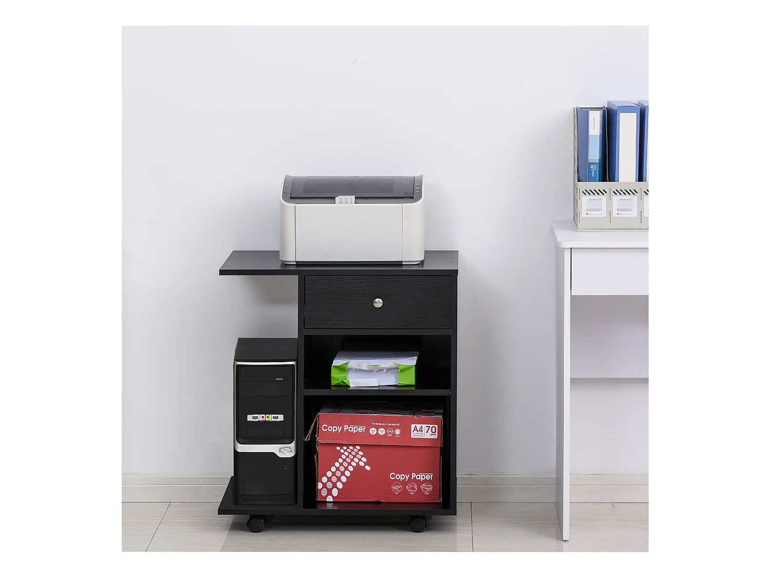 Support d'imprimante organiseur bureau caisson 2 niches tiroir espace CPU + grand plateau panneaux particules noir