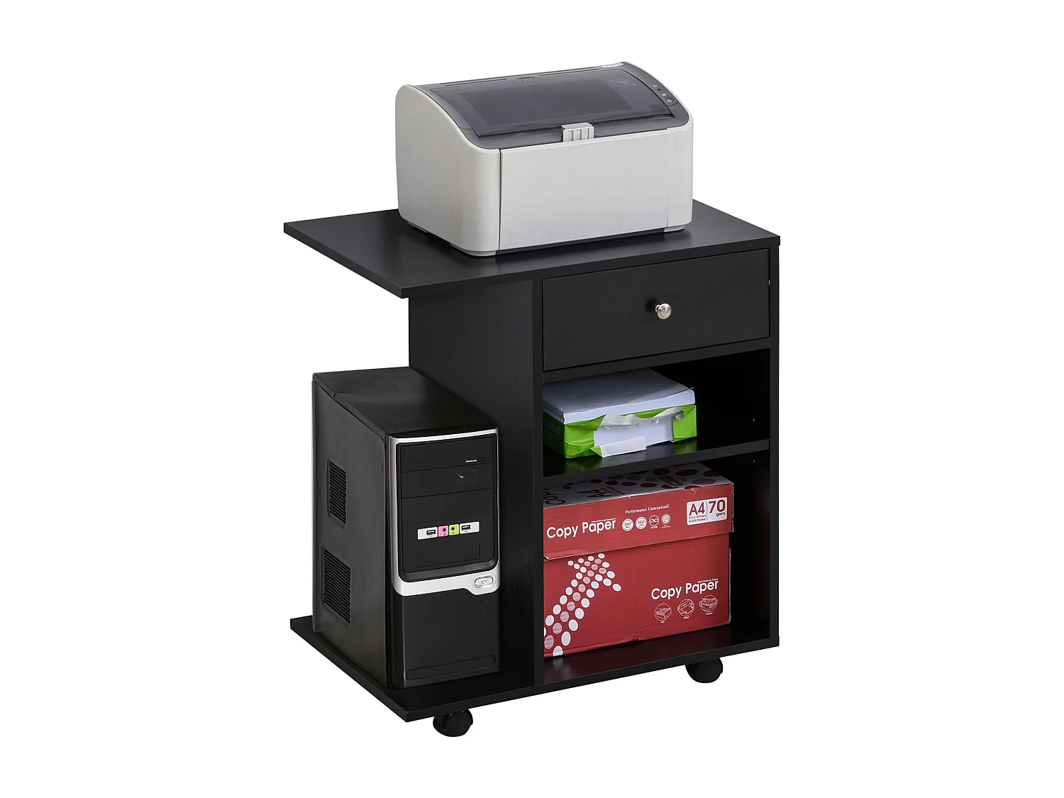 Support d'imprimante organiseur bureau caisson 2 niches tiroir espace CPU + grand plateau panneaux particules noir