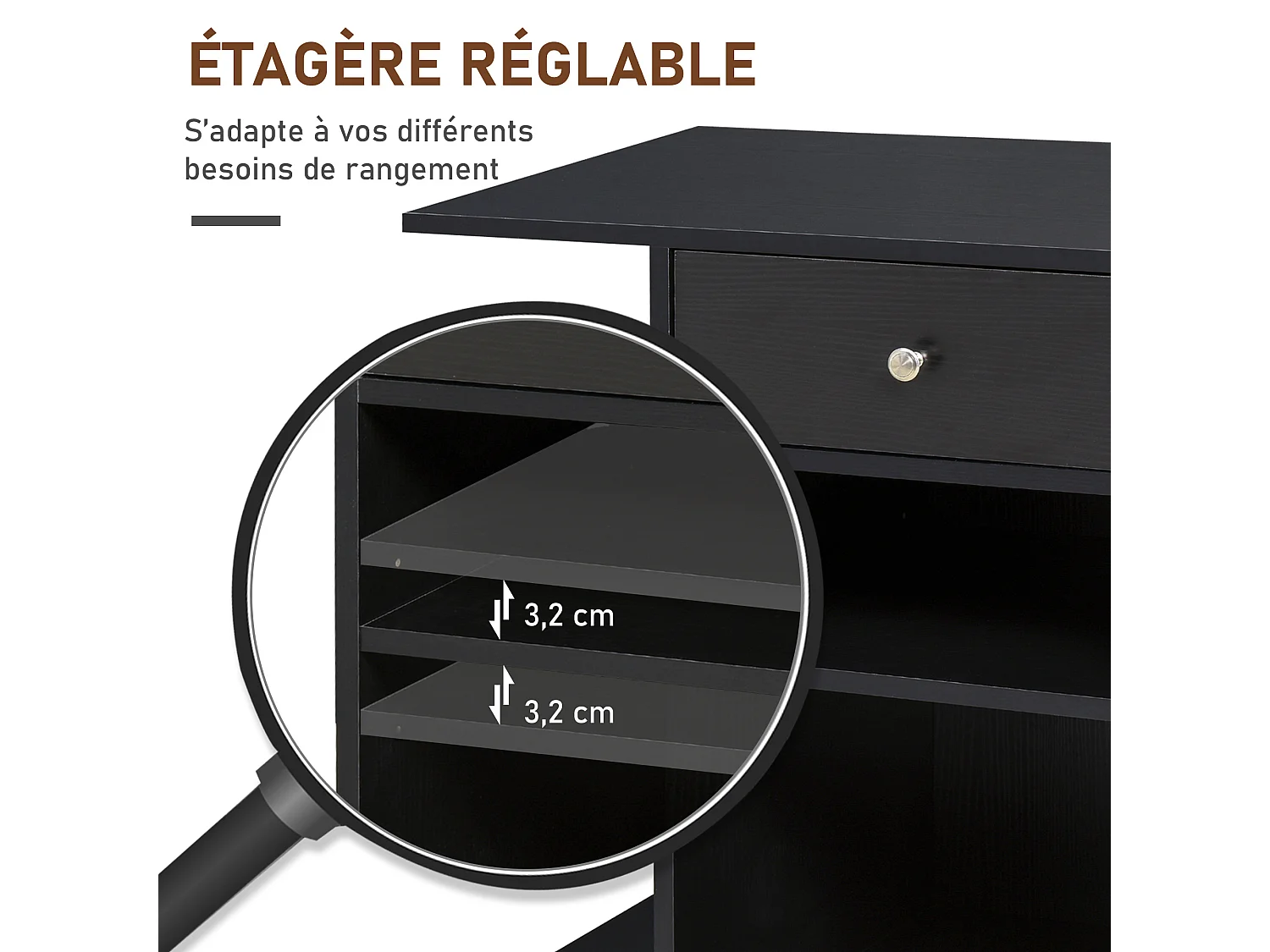 Support d'imprimante organiseur bureau caisson 2 niches tiroir espace CPU + grand plateau panneaux particules noir