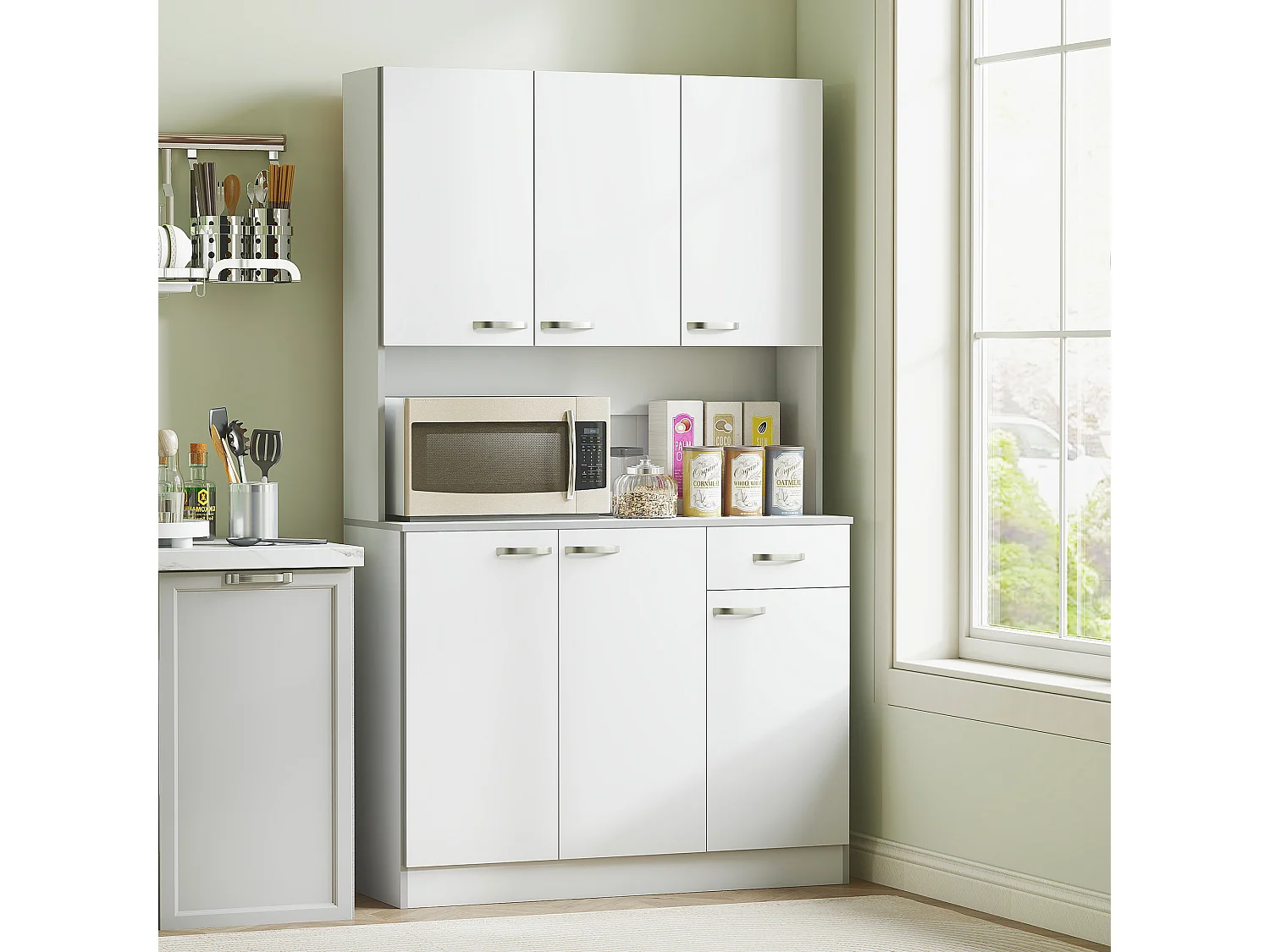 Buffet haut multi-rangement - 6 portes, tiroir, grand plateau - dim. 101L x 39l x 180H cm - panneaux particules blanc gris