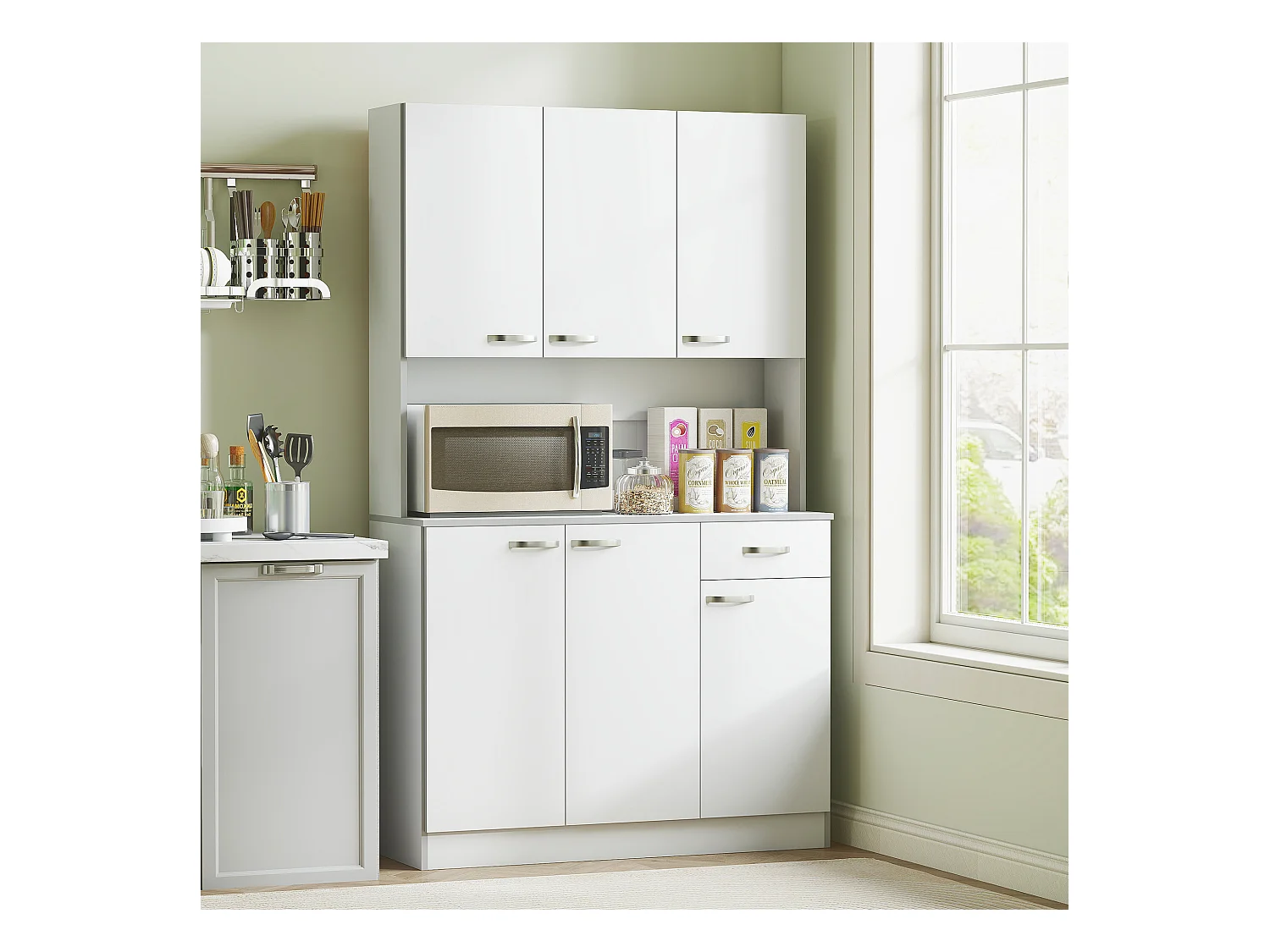 Buffet haut multi-rangement - 6 portes, tiroir, grand plateau - dim. 101L x 39l x 180H cm - panneaux particules blanc gris