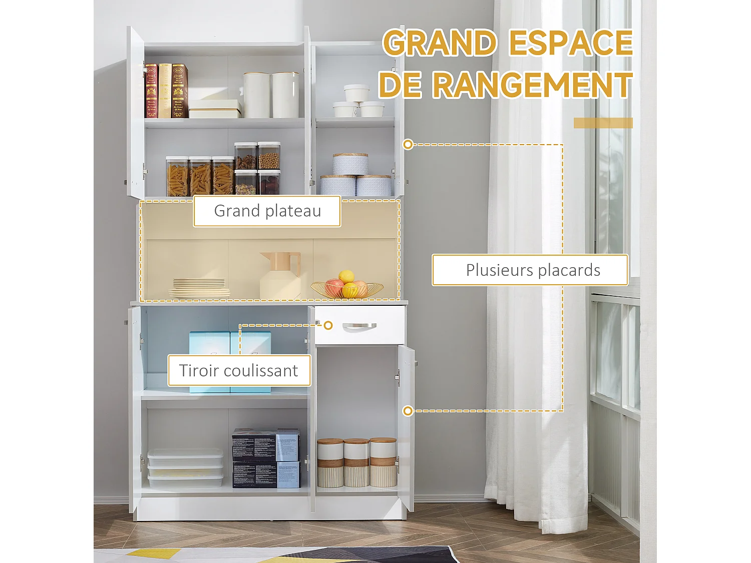 Buffet haut multi-rangement - 6 portes, tiroir, grand plateau - dim. 101L x 39l x 180H cm - panneaux particules blanc gris