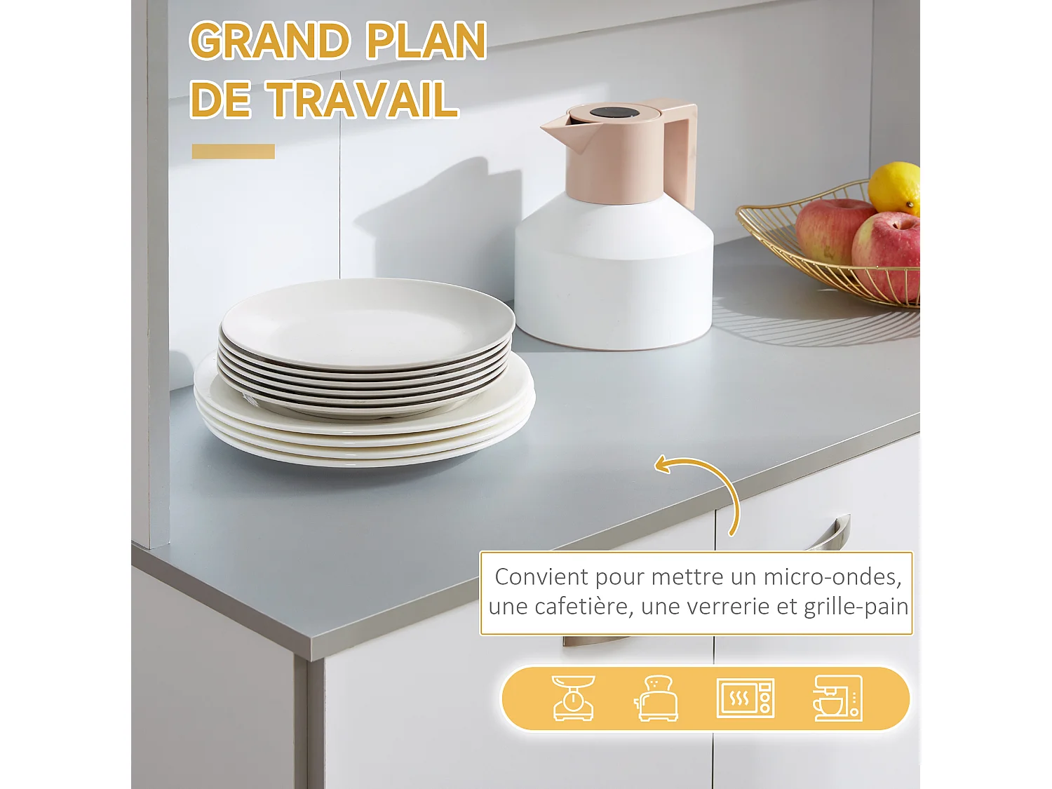 Buffet haut multi-rangement - 6 portes, tiroir, grand plateau - dim. 101L x 39l x 180H cm - panneaux particules blanc gris