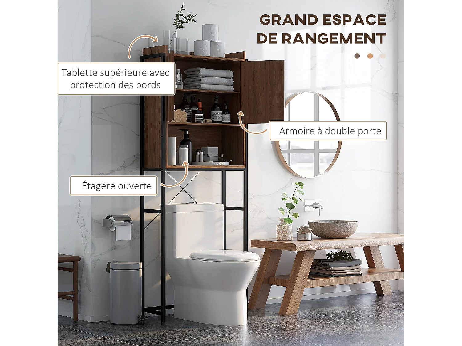 Meuble WC meuble dessus toilettes style industriel 2 portes avec étagère niche acier noir aspect noyer