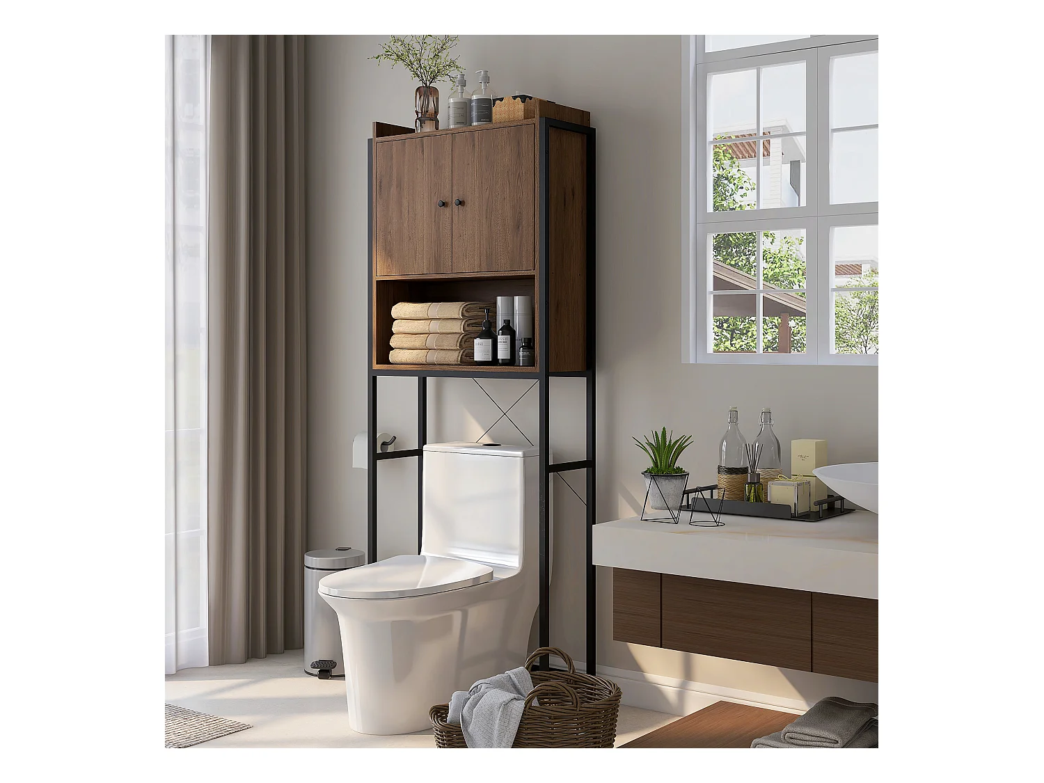 Meuble WC meuble dessus toilettes style industriel 2 portes avec étagère niche acier noir aspect noyer