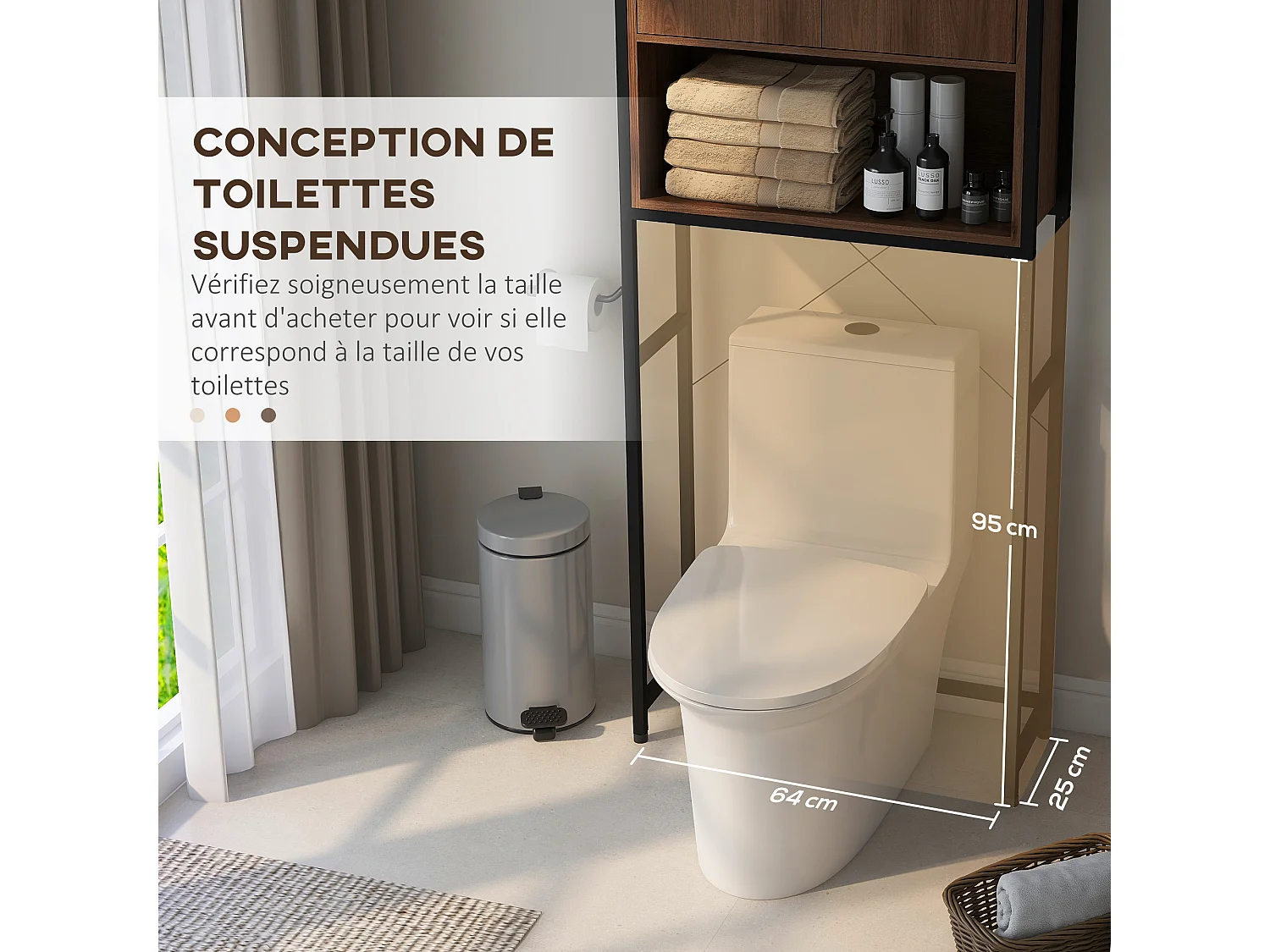 Meuble WC meuble dessus toilettes style industriel 2 portes avec étagère niche acier noir aspect noyer