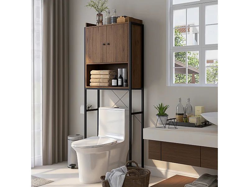 Meuble WC meuble dessus toilettes style industriel 2 portes avec étagère niche acier noir aspect noyer