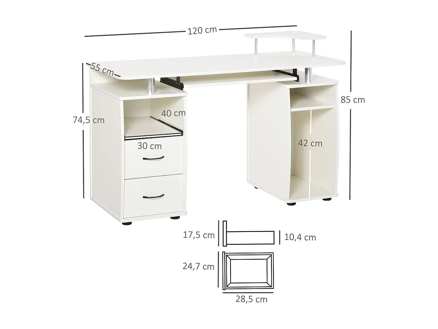 Bureau informatique multimédia multi-rangements 120L x 55l x 85H cm panneaux particules blanc