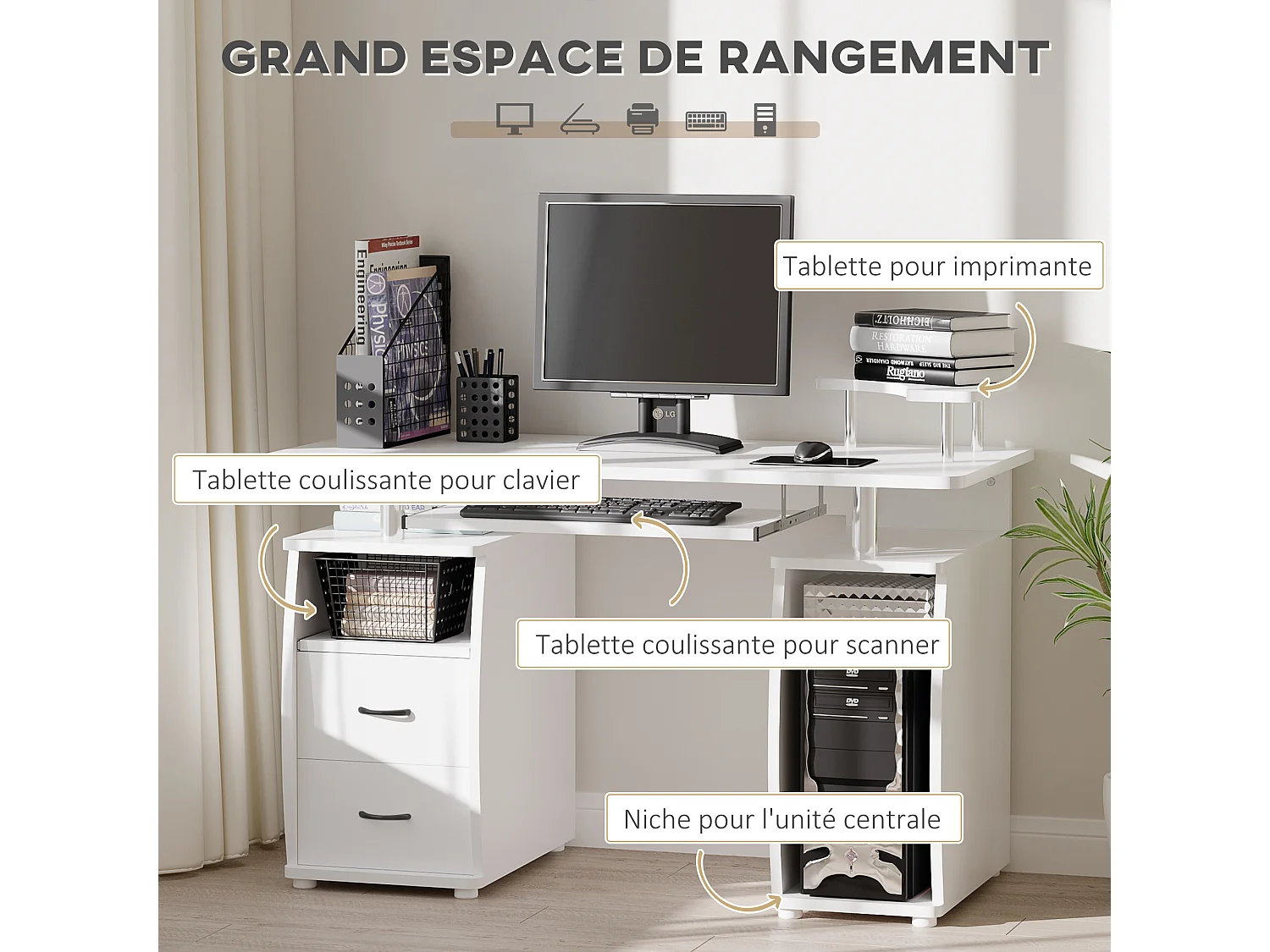 Bureau informatique multimédia multi-rangements 120L x 55l x 85H cm panneaux particules blanc