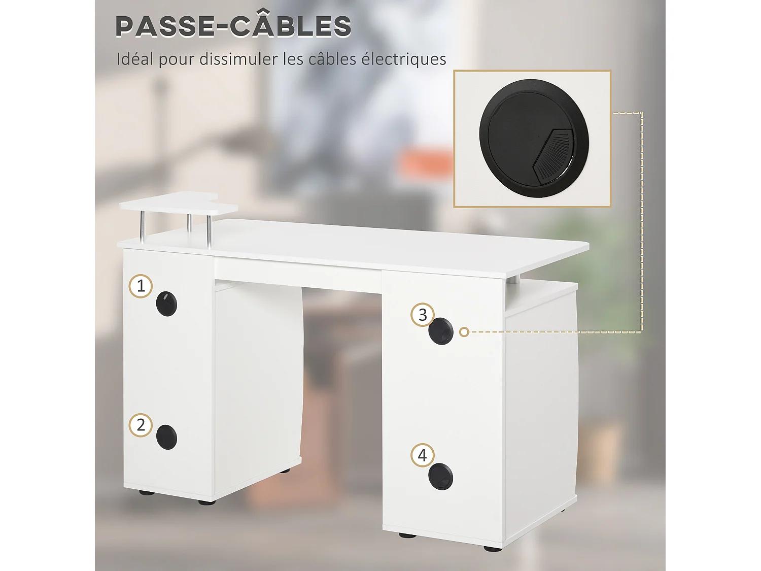 Bureau informatique multimédia multi-rangements 120L x 55l x 85H cm panneaux particules blanc