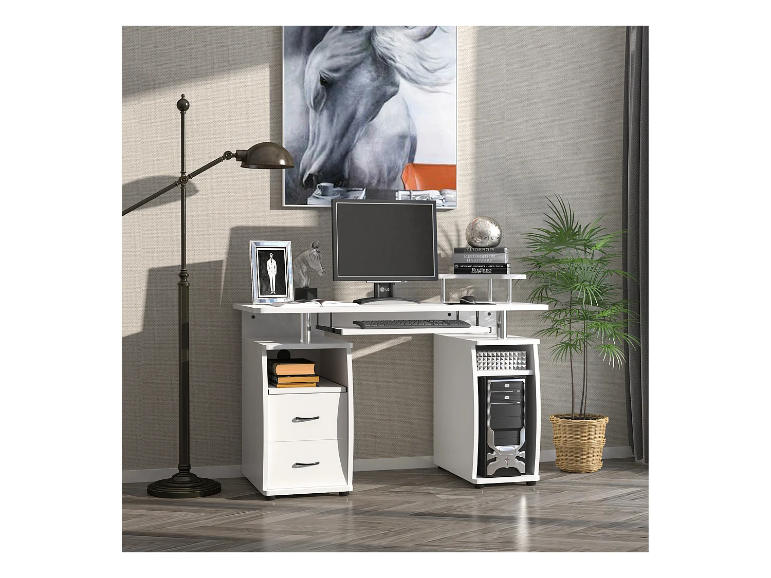 Bureau informatique multimédia multi-rangements 120L x 55l x 85H cm panneaux particules blanc