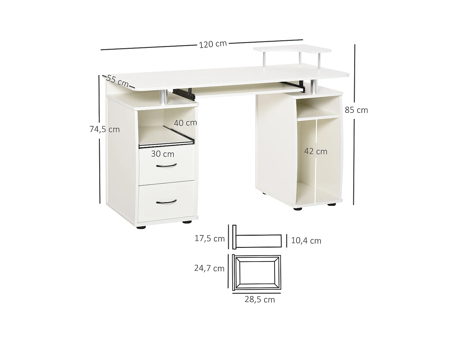 Bureau informatique multimédia multi-rangements 120L x 55l x 85H cm panneaux particules blanc