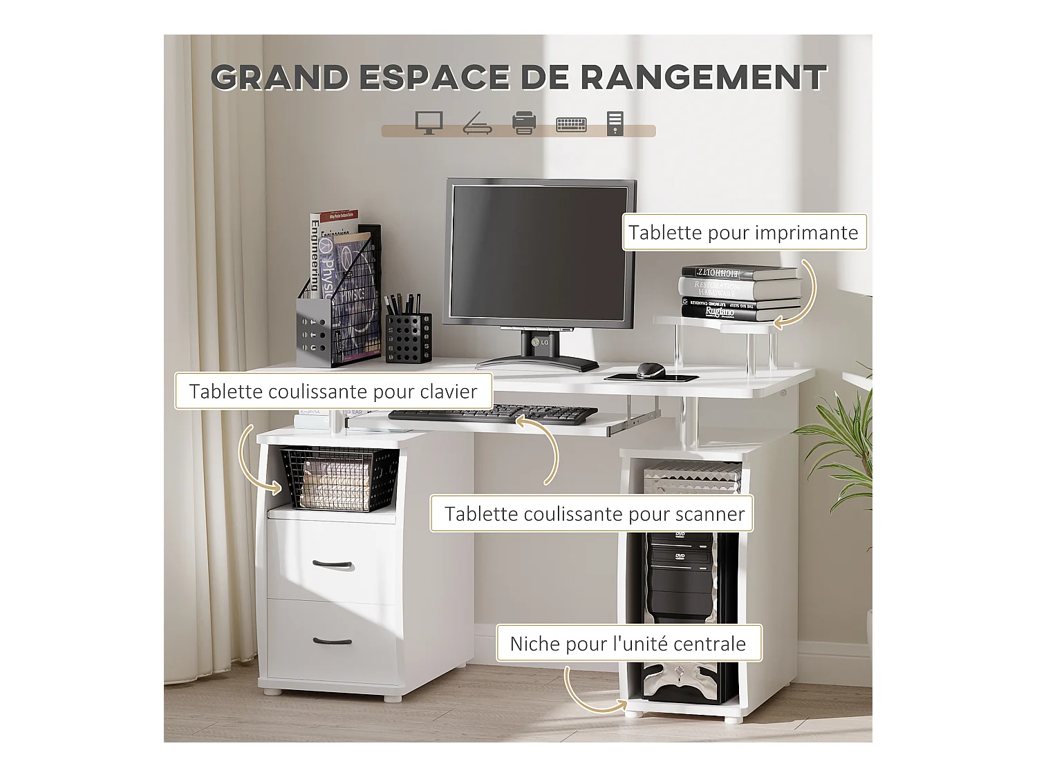 Bureau informatique multimédia multi-rangements 120L x 55l x 85H cm panneaux particules blanc