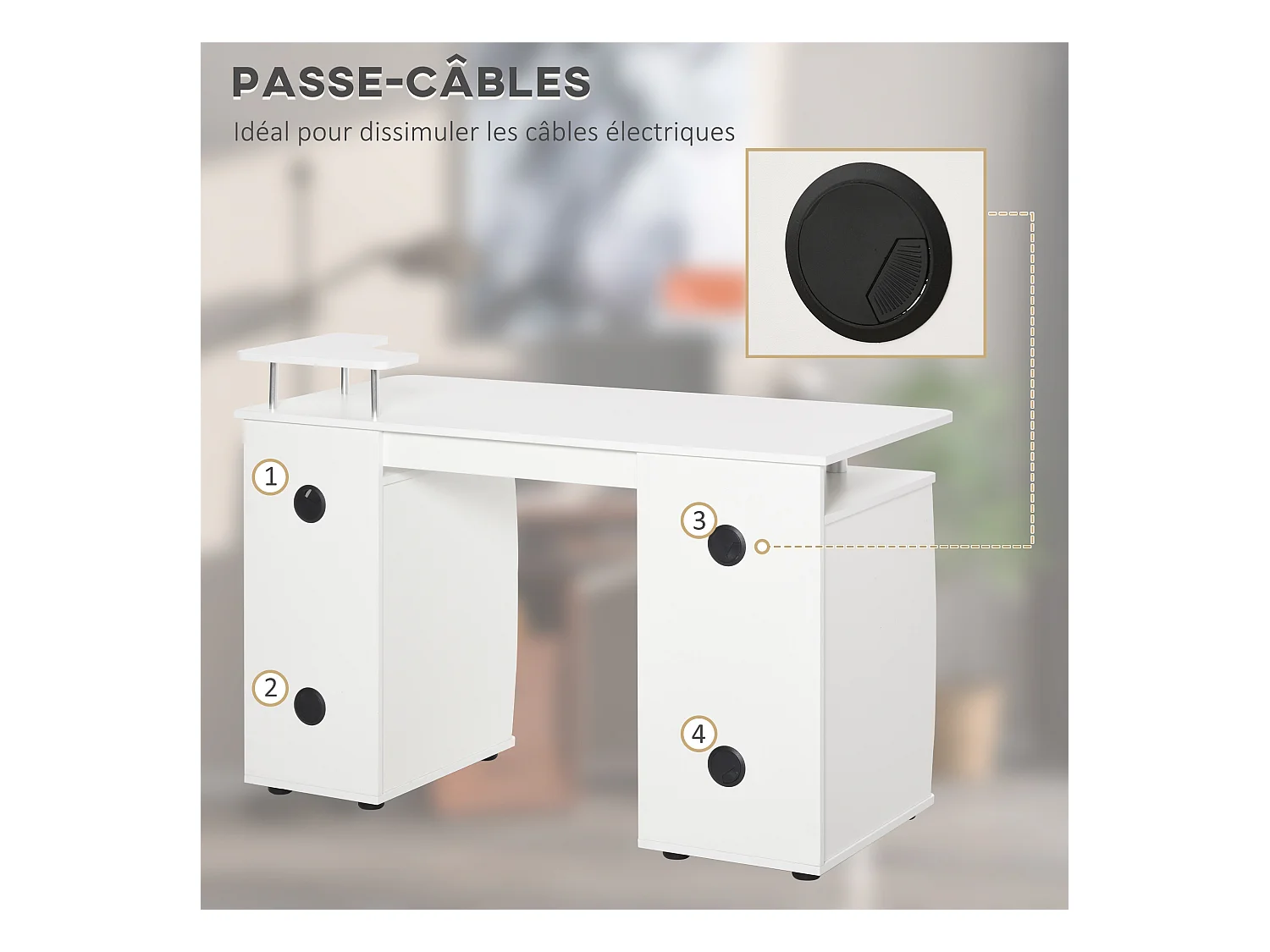 Bureau informatique multimédia multi-rangements 120L x 55l x 85H cm panneaux particules blanc