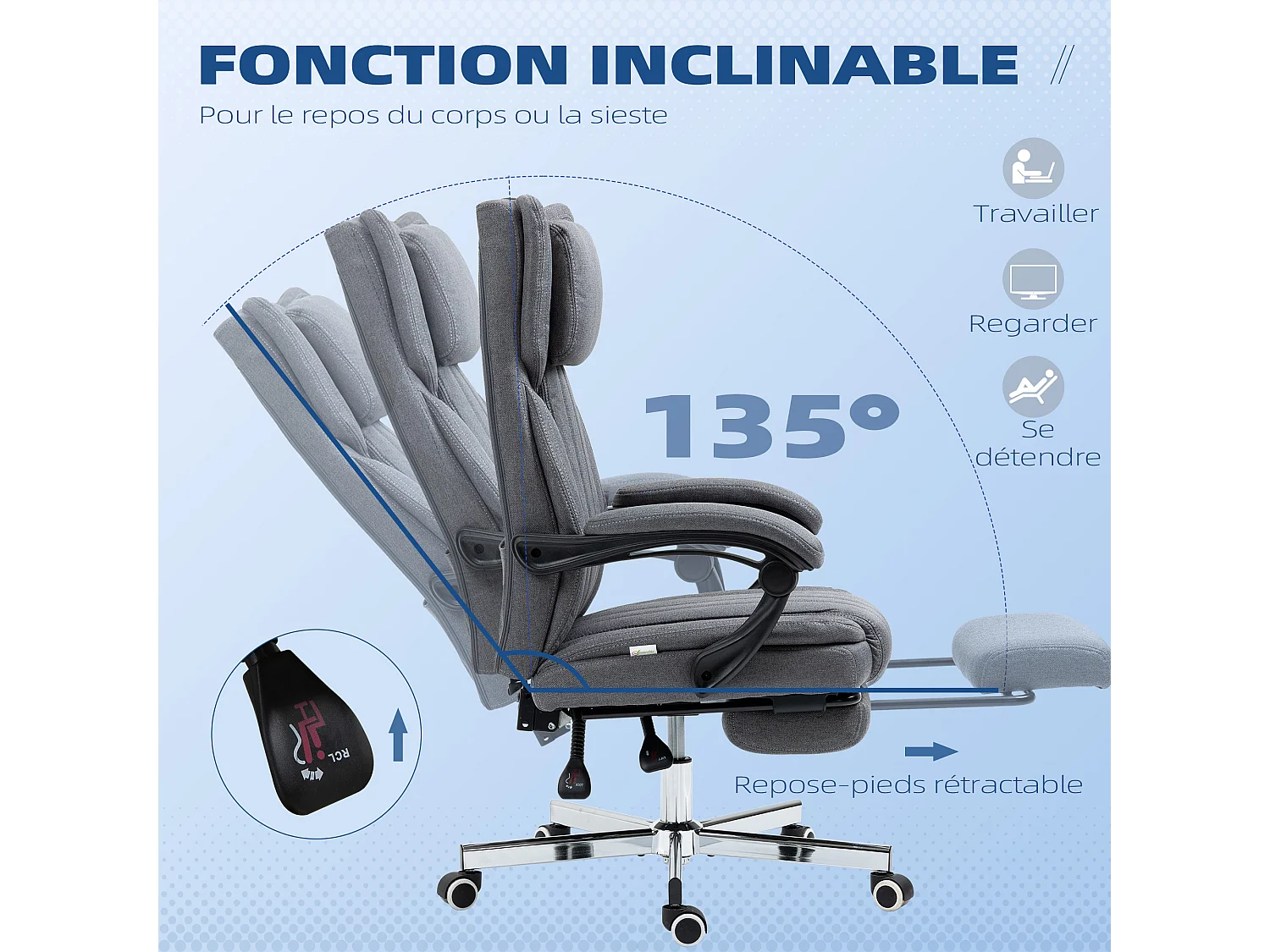 Fauteuil de bureau manager grand confort repose-pied dossier inclinable accoudoirs tétière rembourrés tissu gris