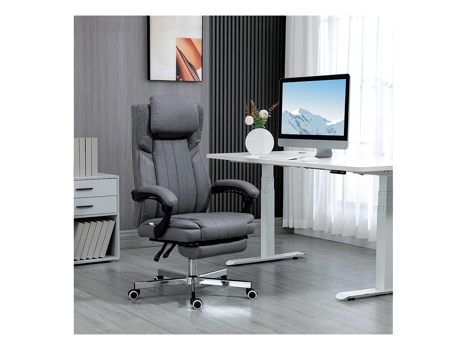 Fauteuil de bureau manager grand confort repose-pied dossier inclinable accoudoirs tétière rembourrés tissu gris