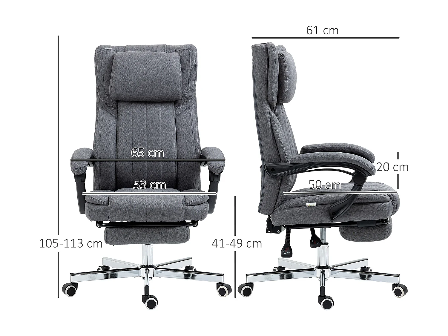 Fauteuil de bureau manager grand confort repose-pied dossier inclinable accoudoirs tétière rembourrés tissu gris