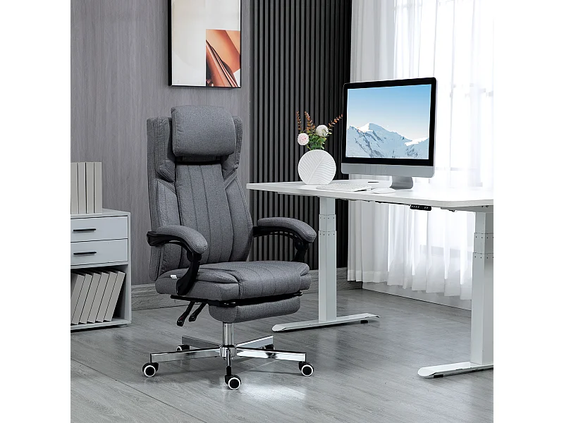 Fauteuil de bureau manager grand confort repose-pied dossier inclinable accoudoirs tétière rembourrés tissu gris