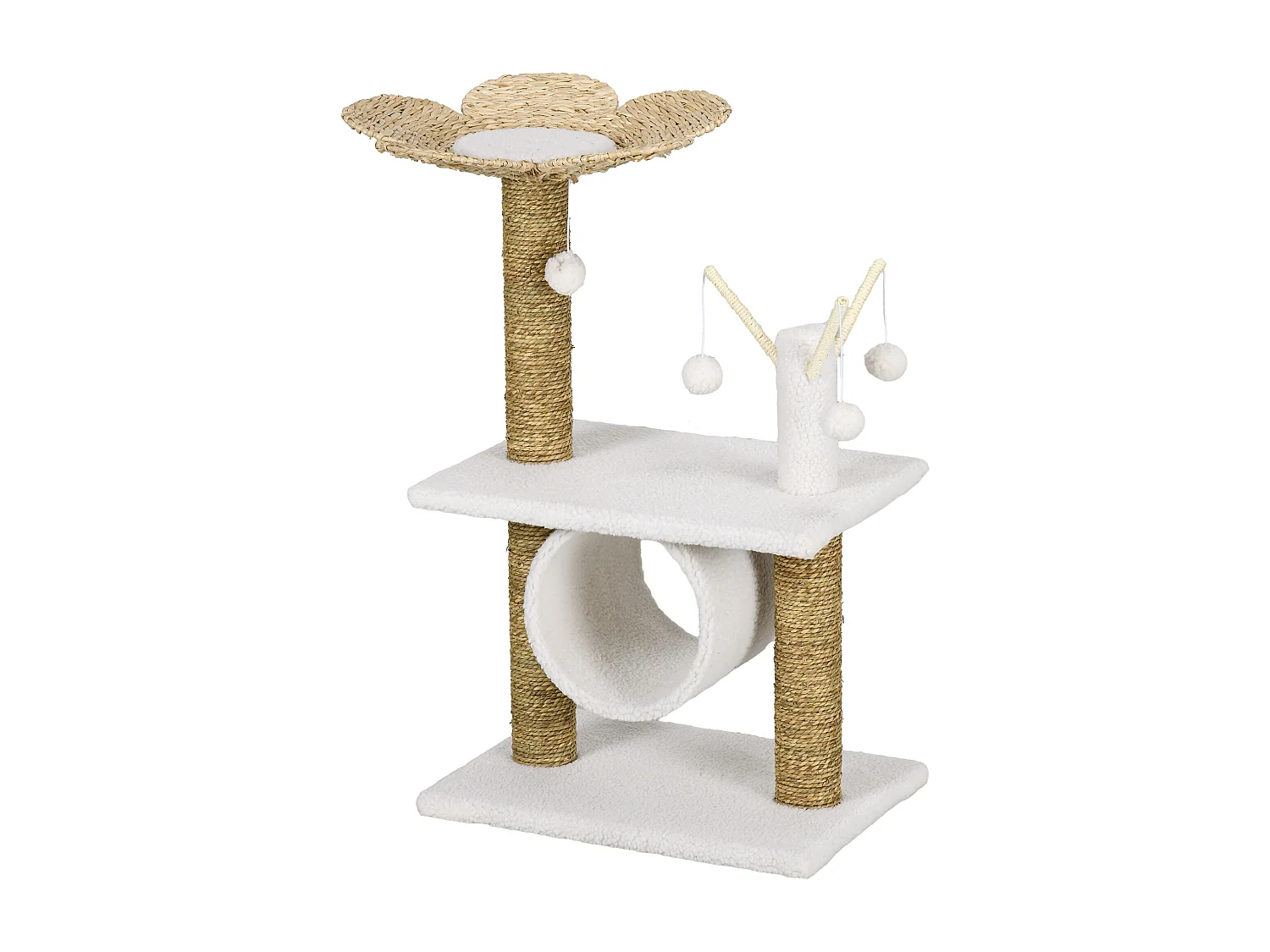 Arbre à chat style cosy chic fleur - griffoirs, tunnel, plateformes, 4 jeux de boules -  peluche blanche quenouille tressée