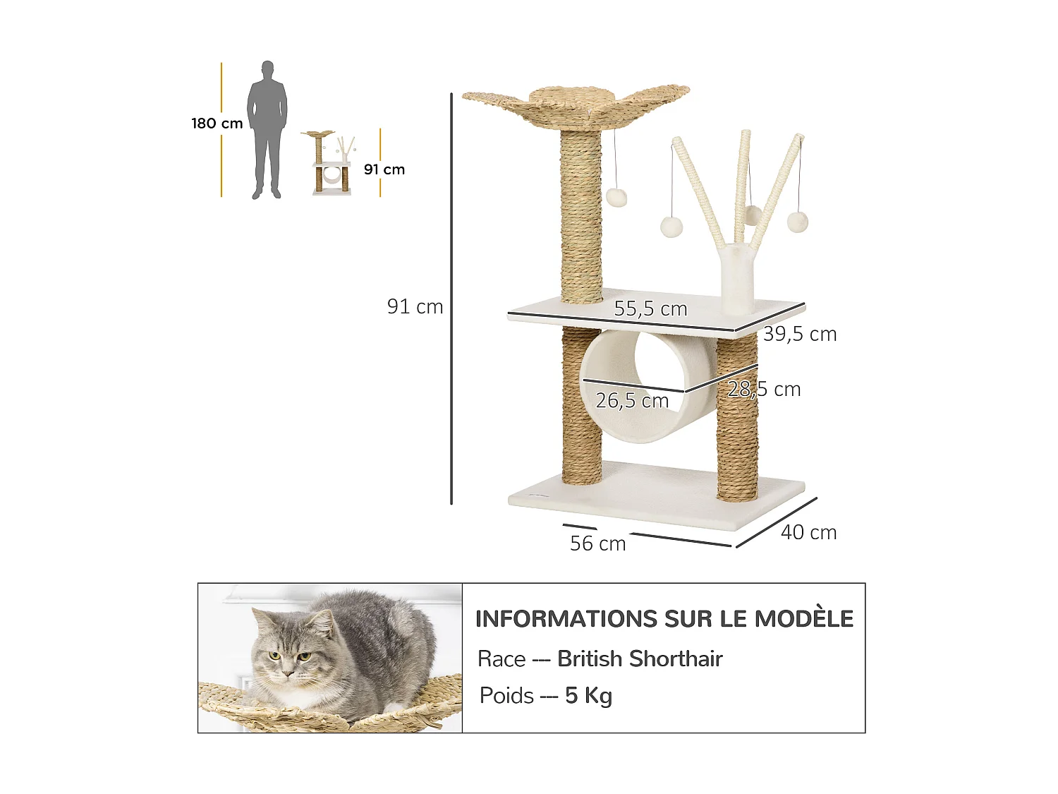 Arbre à chat style cosy chic fleur - griffoirs, tunnel, plateformes, 4 jeux de boules -  peluche blanche quenouille tressée