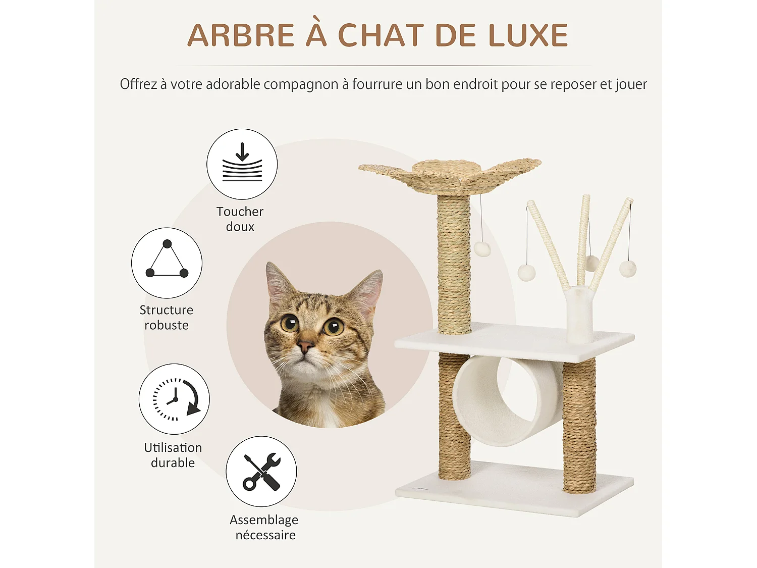 Arbre à chat style cosy chic fleur - griffoirs, tunnel, plateformes, 4 jeux de boules -  peluche blanche quenouille tressée