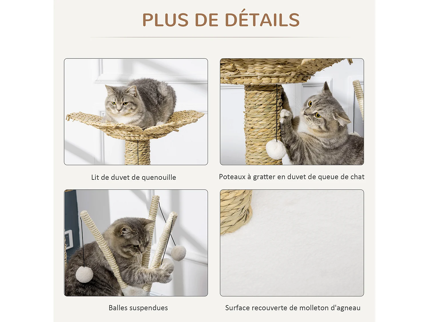 Arbre à chat style cosy chic fleur - griffoirs, tunnel, plateformes, 4 jeux de boules -  peluche blanche quenouille tressée