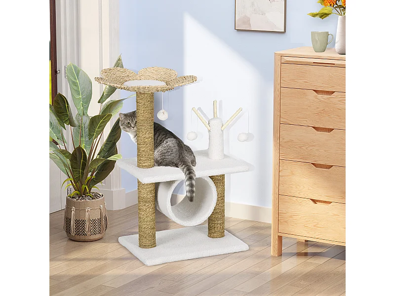 Arbre à chat style cosy chic fleur - griffoirs, tunnel, plateformes, 4 jeux de boules -  peluche blanche quenouille tressée