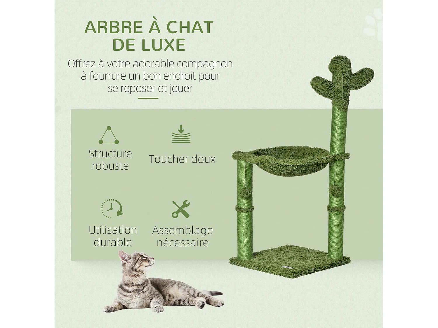 Arbre à chat griffoirs design cactus - hamac, 3 jouets pompons suspendus - panneaux peluche sisal vert