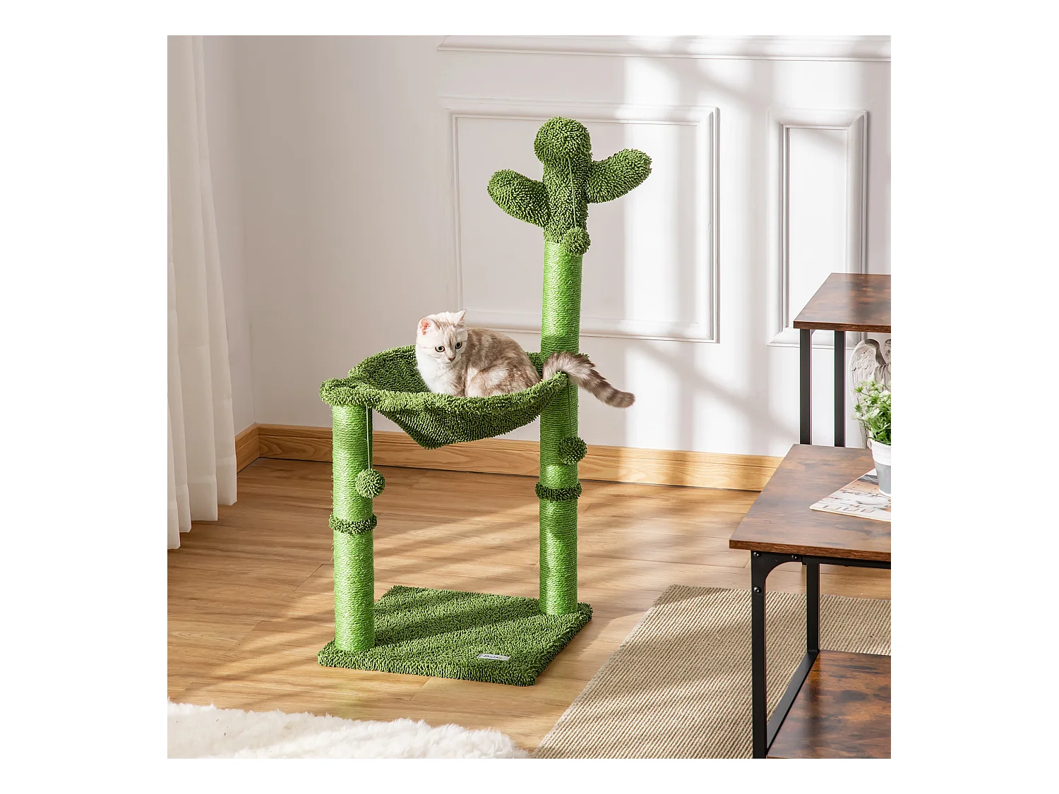 Arbre à chat griffoirs design cactus - hamac, 3 jouets pompons suspendus - panneaux peluche sisal vert