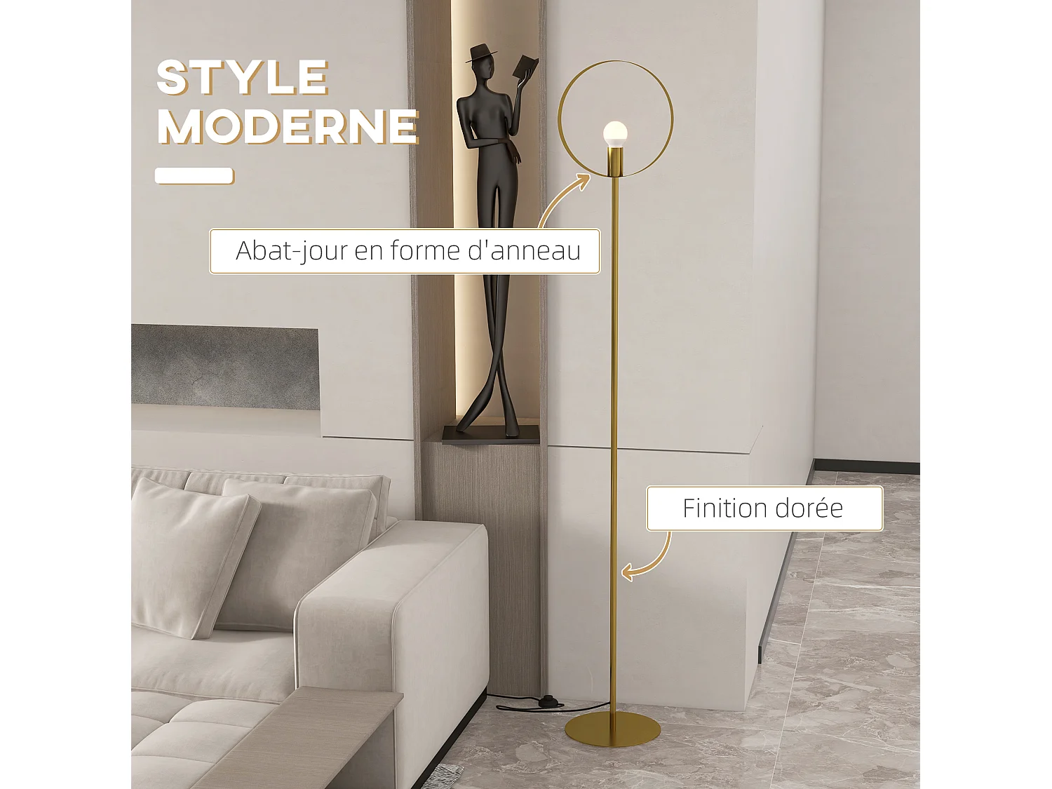 Lampadaire design néo-rétro circulaire H. 1,70 m max. 40 W métal doré