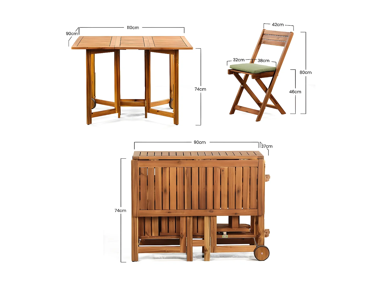 Estosa - Ensemble d'extérieur table pliante en bois et 4 chaises Vittoria 110x90 cm
