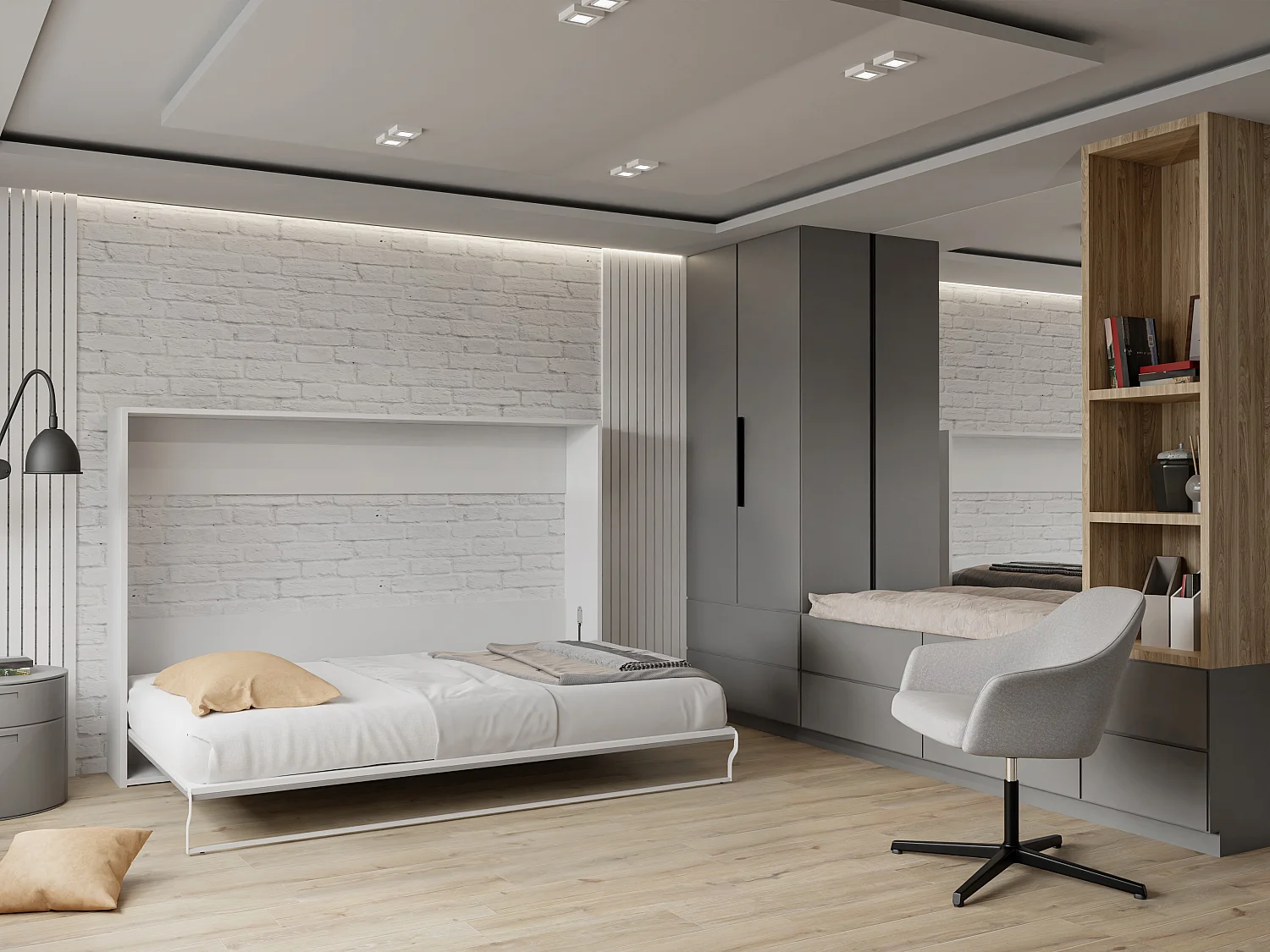 Lit escamotable 140 x 200 cm - Ouverture horizontale manuelle - Blanc et gris + matelas - MALINA II