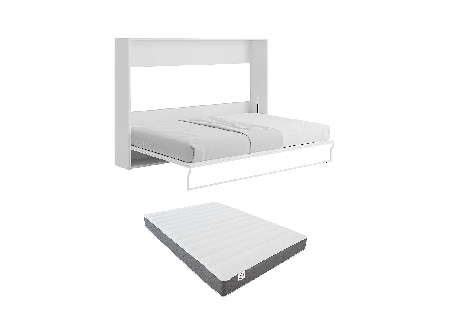Lit escamotable 140 x 200 cm - Ouverture horizontale manuelle - Blanc et gris + matelas - MALINA II