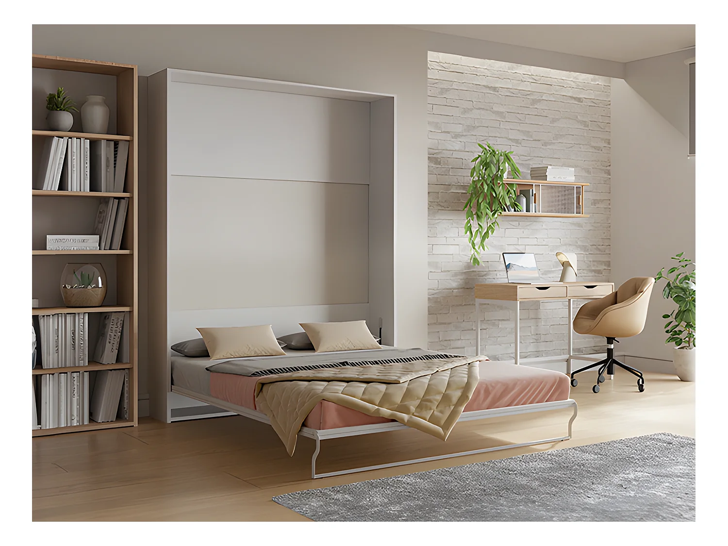 Lit escamotable 160 x 200 cm - Ouverture verticale manuelle - Blanc + Matelas - MALINA II
