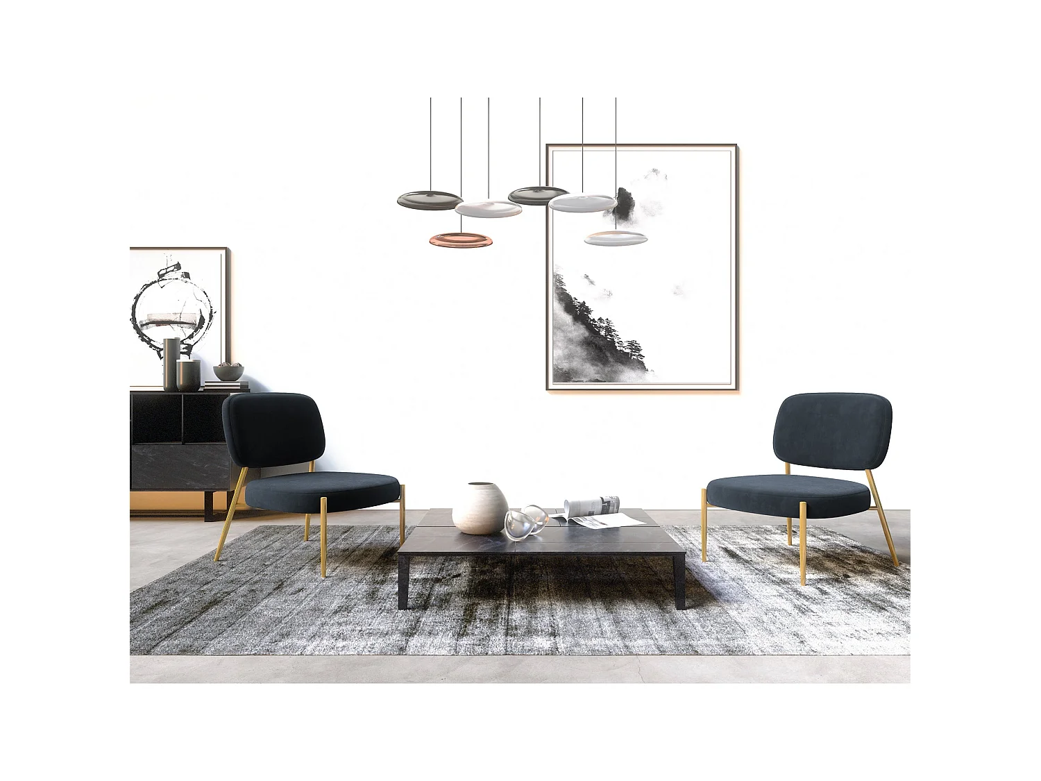 Fauteuil velours bleu saphir pieds or chrome