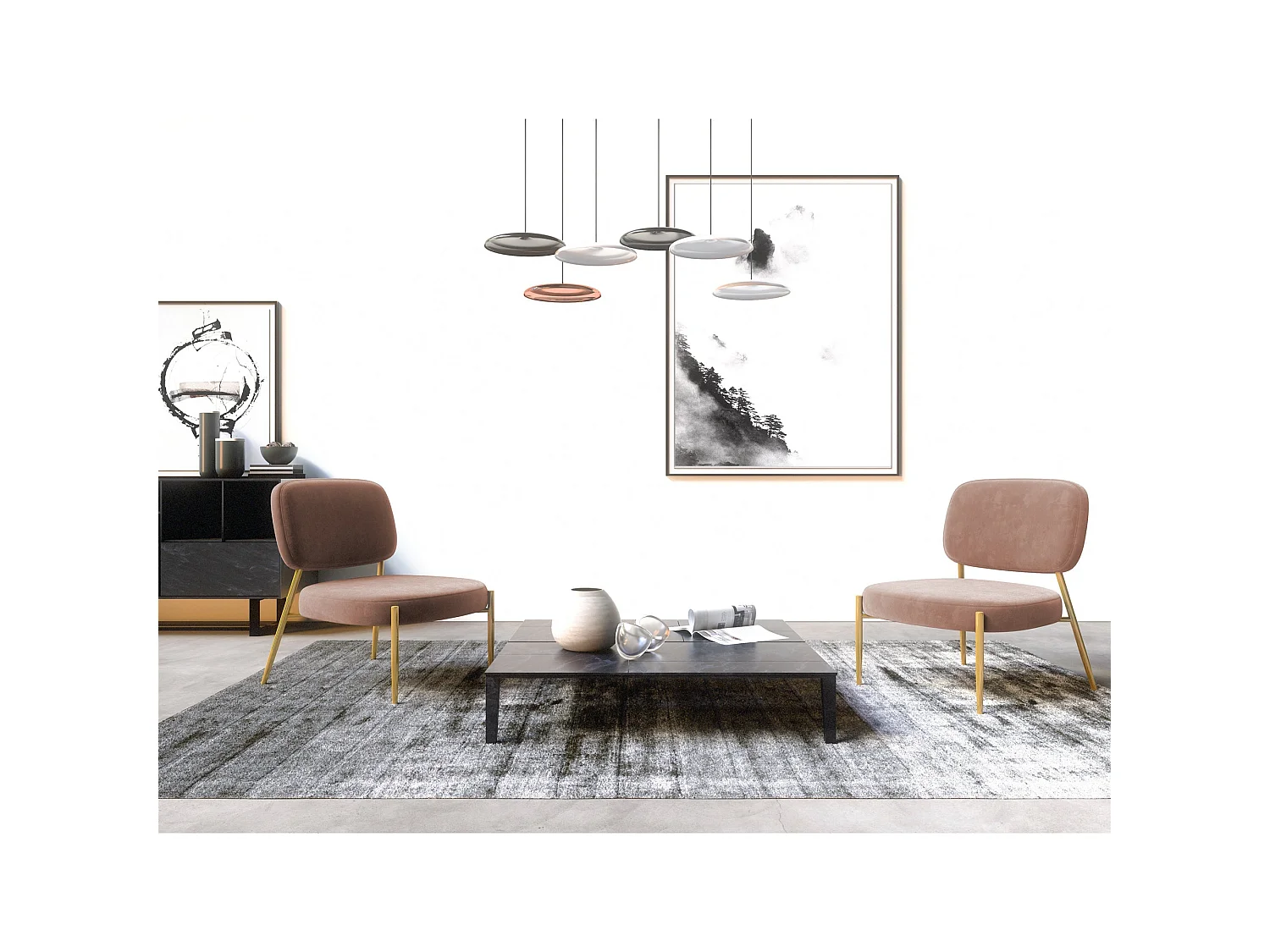 Fauteuil velours rose vintage pieds or chrome