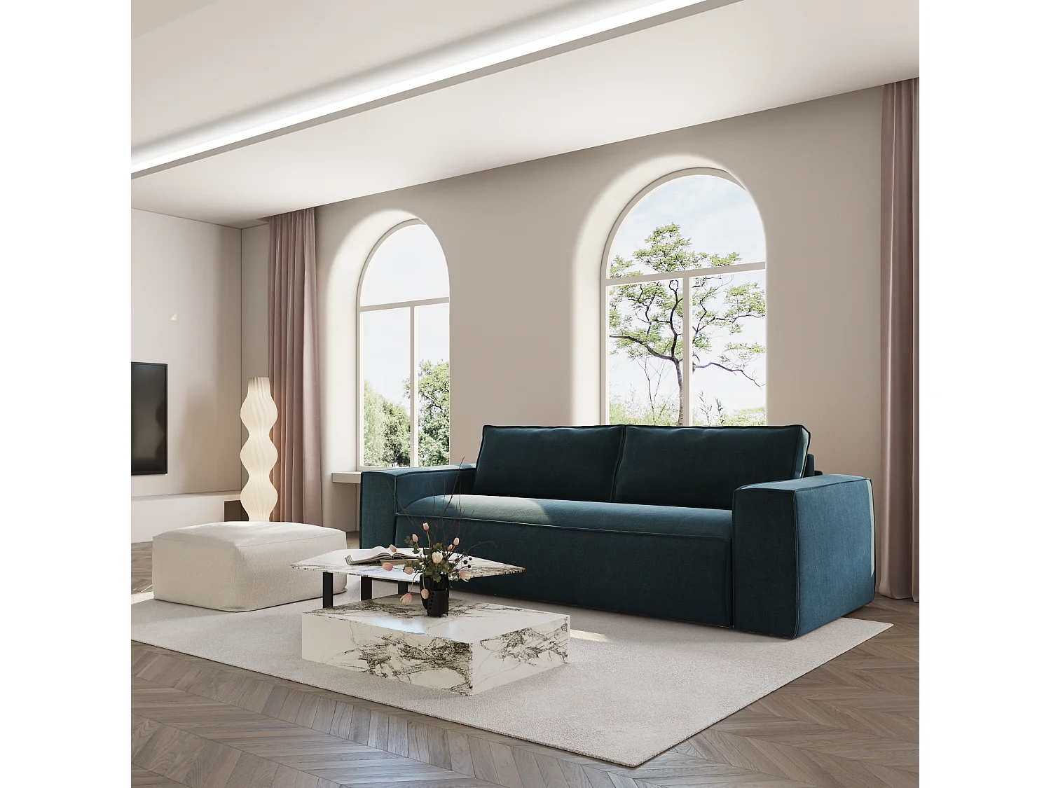 Canapé convertible express matelas Dunlopillo 160cm 3 places JOAN en velours bleu paon