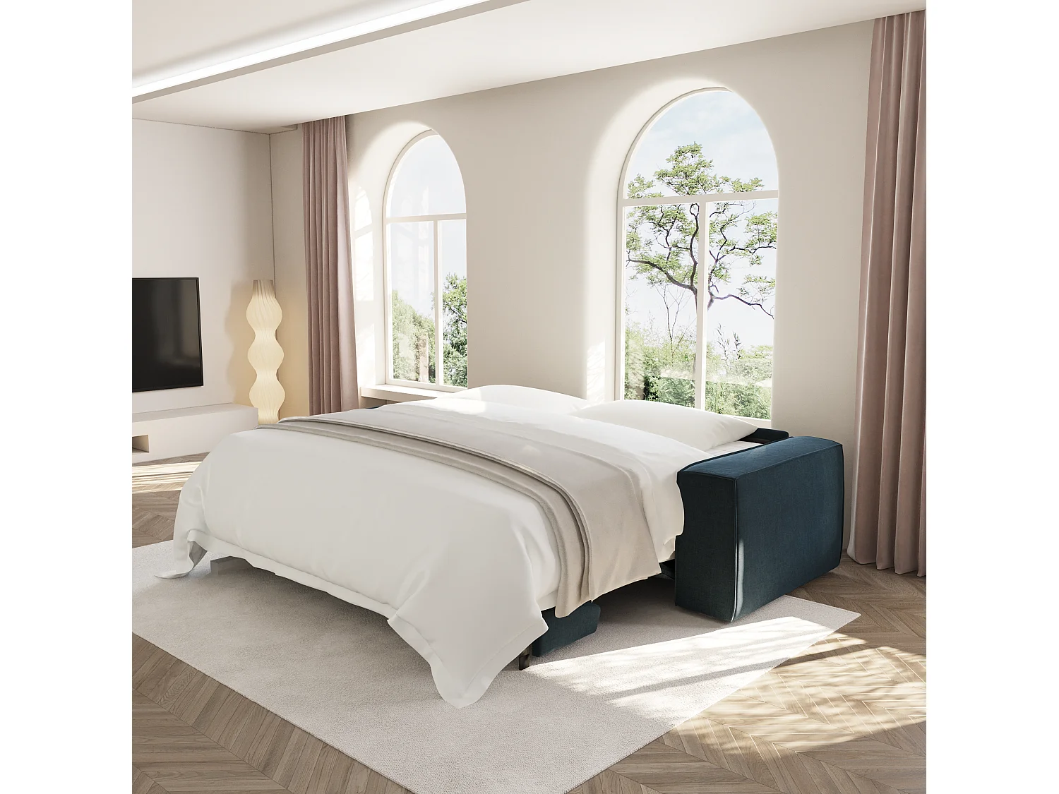 Canapé convertible express matelas Dunlopillo 160cm 3 places JOAN en velours bleu paon
