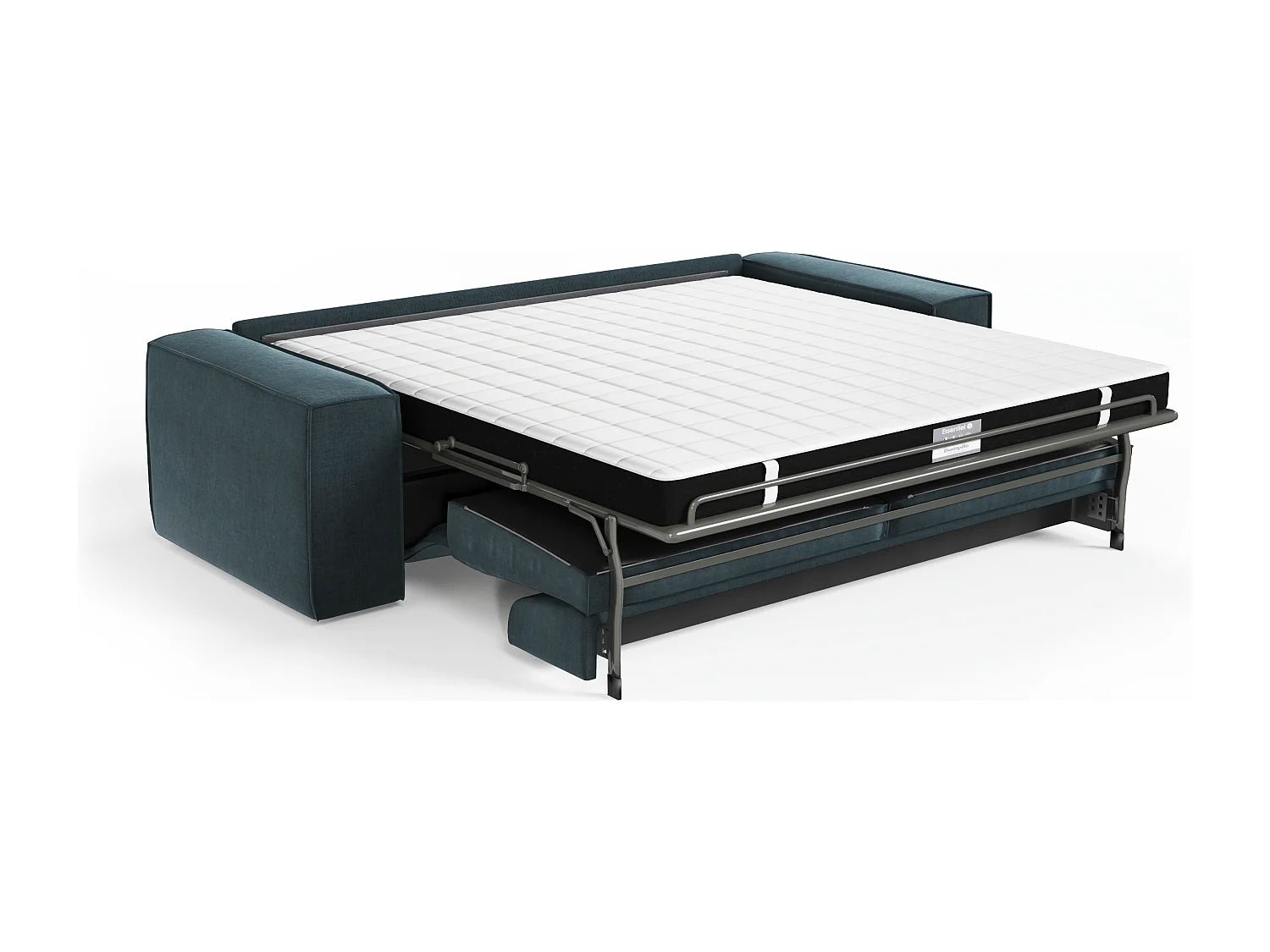 Canapé convertible express matelas Dunlopillo 160cm 3 places JOAN en velours bleu paon