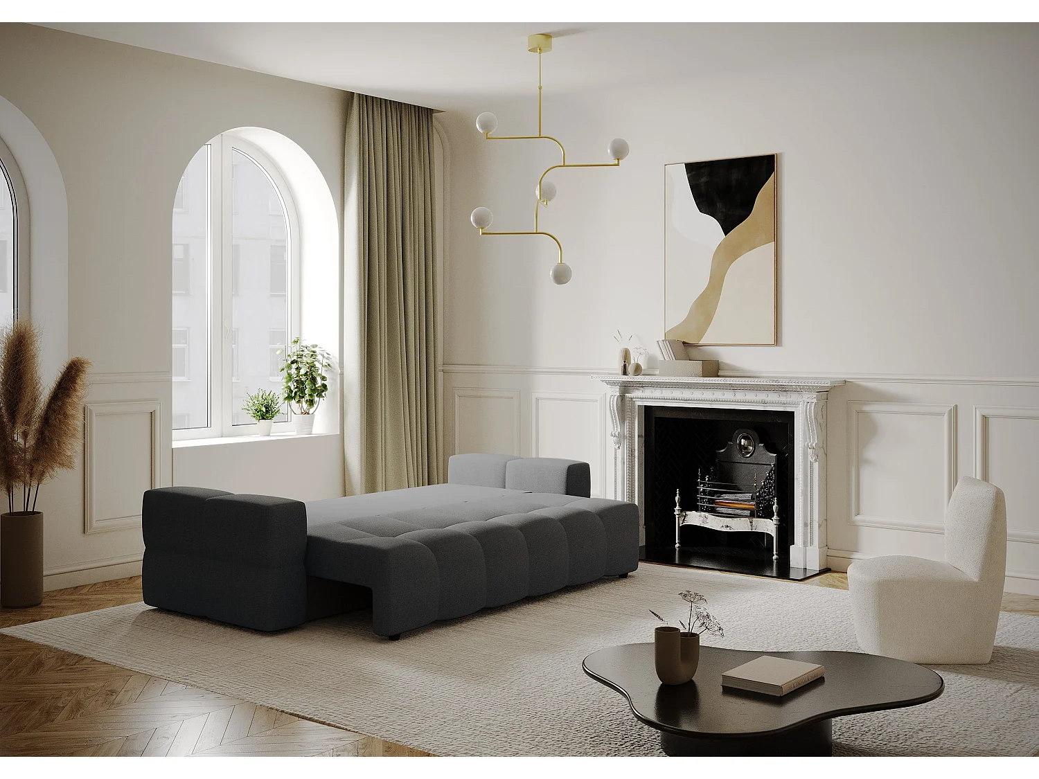 Canapé 4 places convertible coffre noyer tissu tramé gris anthracite GABRIEL