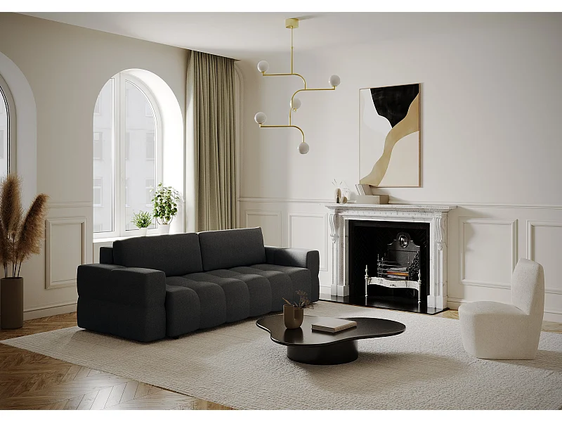 Canapé 4 places convertible coffre noyer tissu tramé gris anthracite GABRIEL