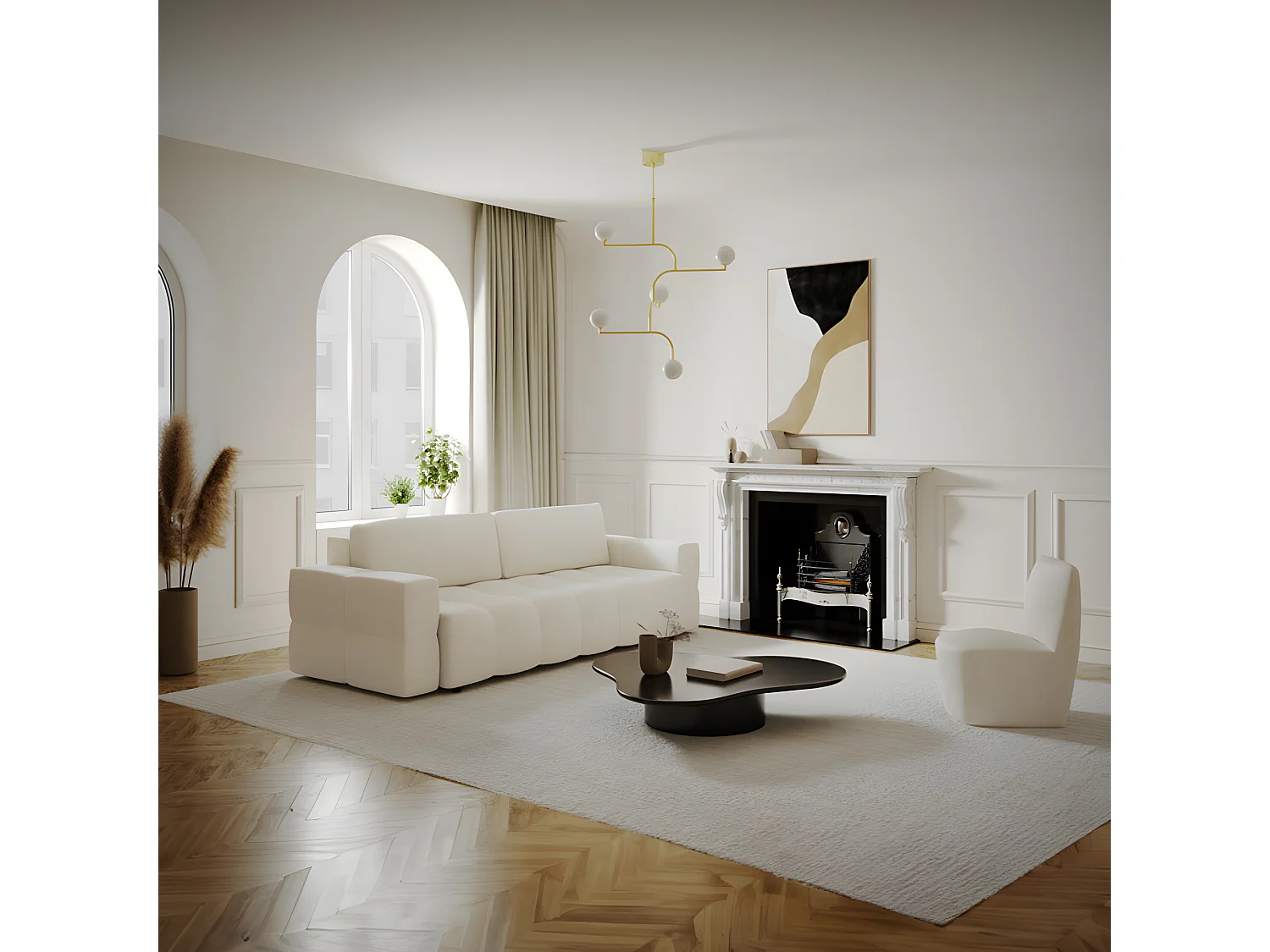 Canapé 4 places convertible coffre noyer bouclette crème GABRIEL