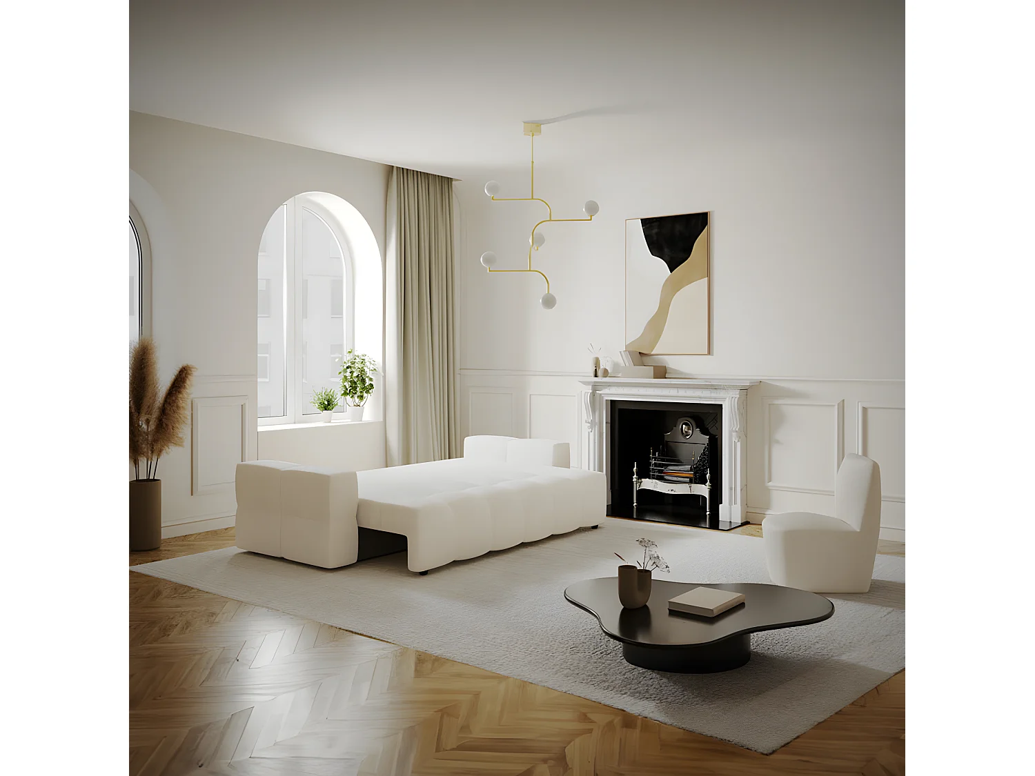 Canapé 4 places convertible coffre noyer bouclette crème GABRIEL