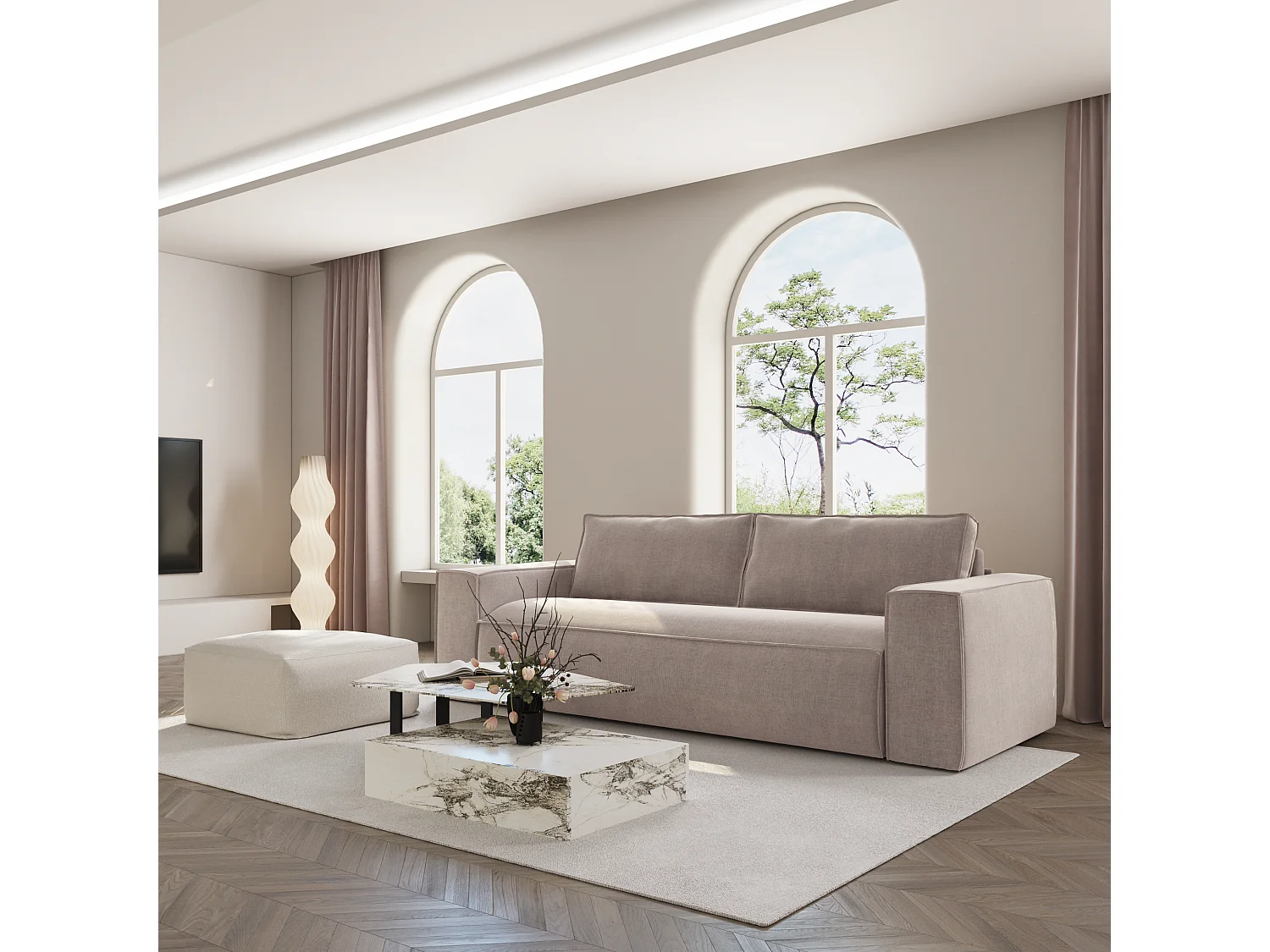 Canapé convertible express matelas Dunlopillo 160cm 3 places JOAN en velours taupe
