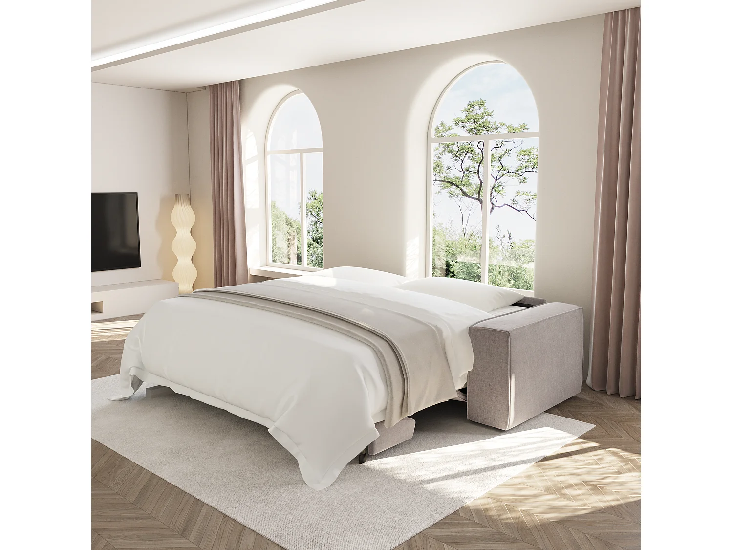 Canapé convertible express matelas Dunlopillo 160cm 3 places JOAN en velours taupe